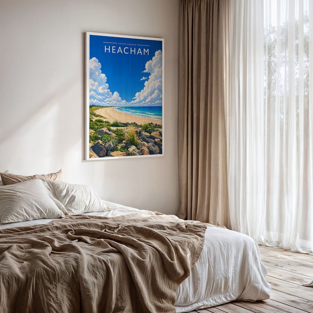 Heacham #3 Travel Poster framed on a bedroom wall