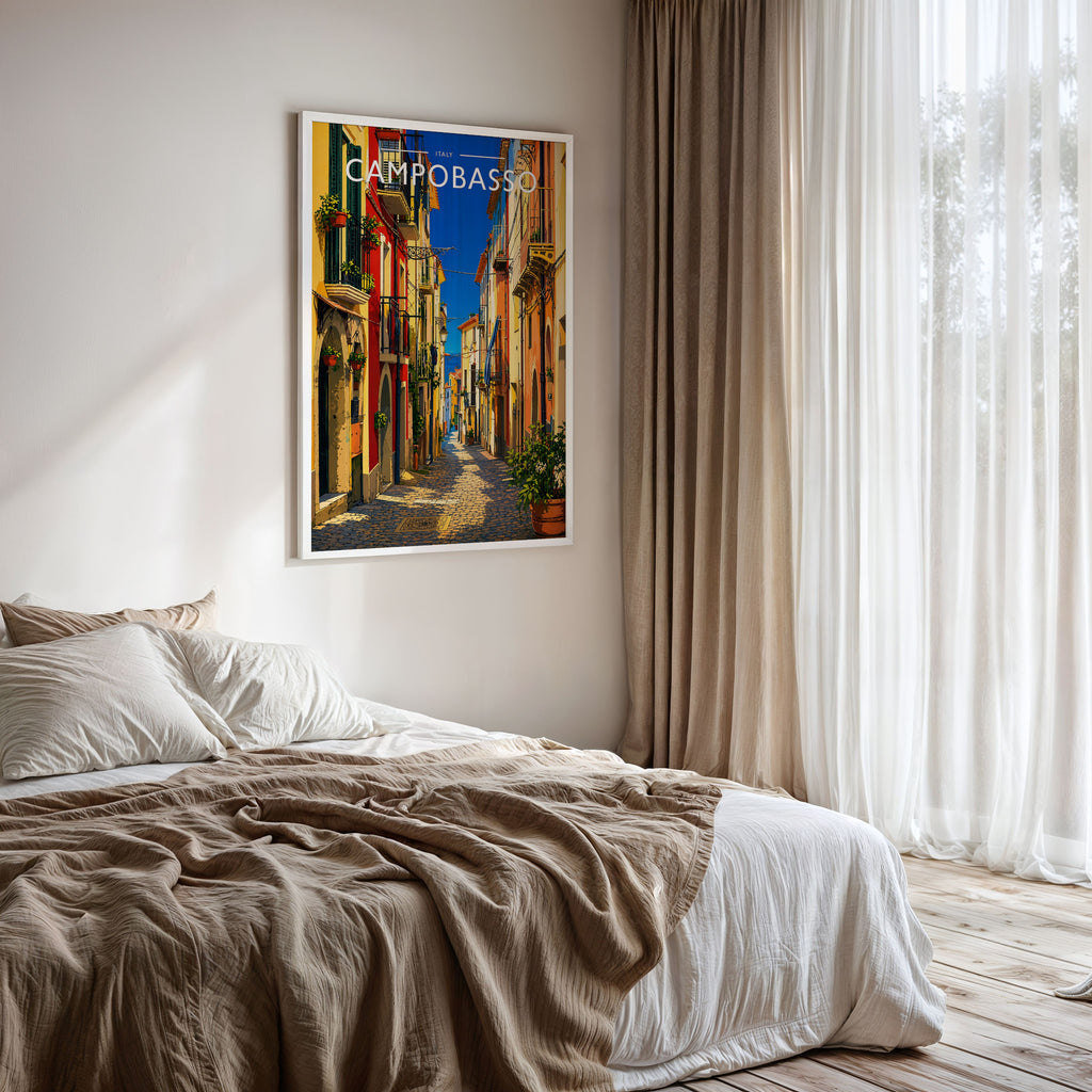 Campobasso Travel Poster framed on a bedroom wall