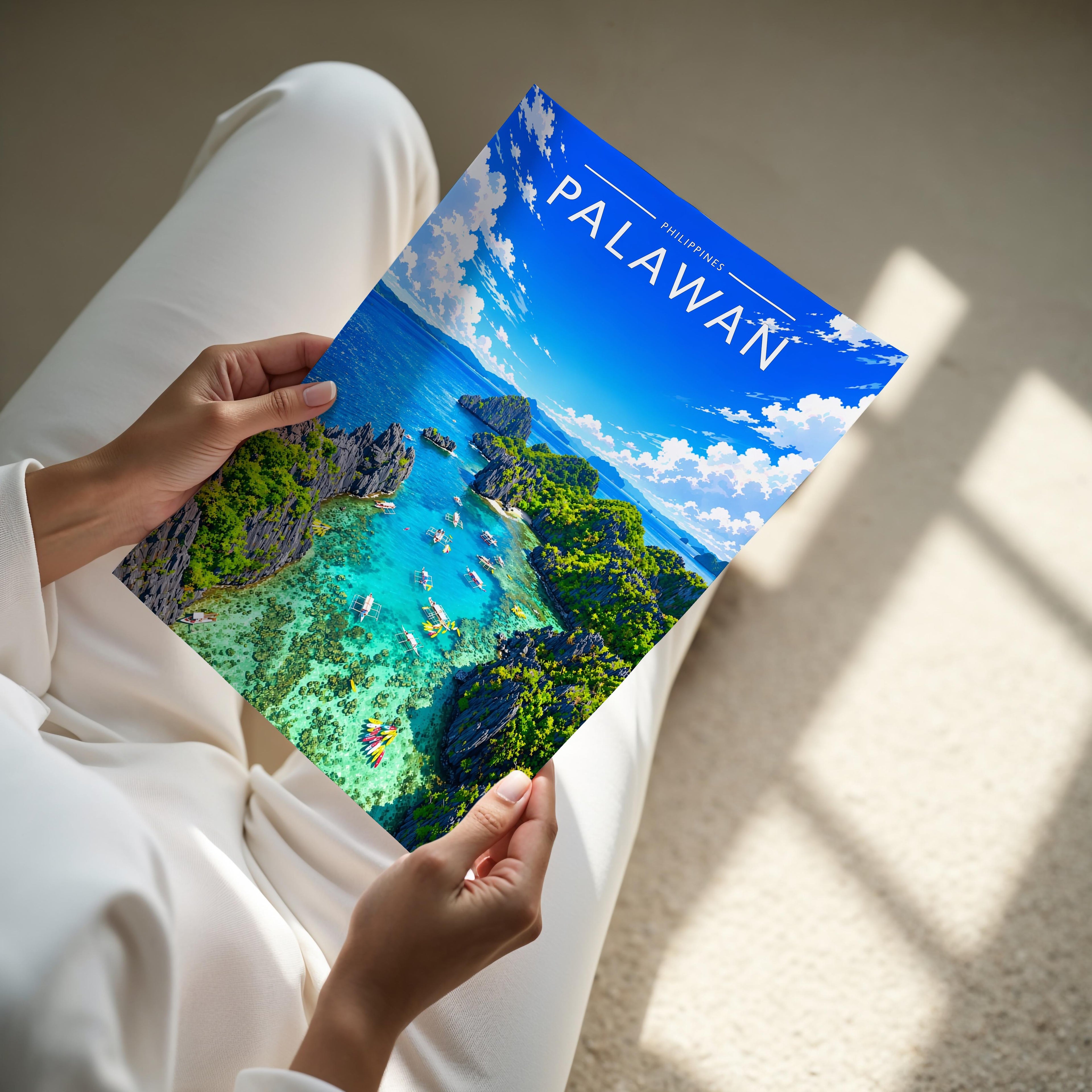 Palawan Travel Poster - A4 print held in hand