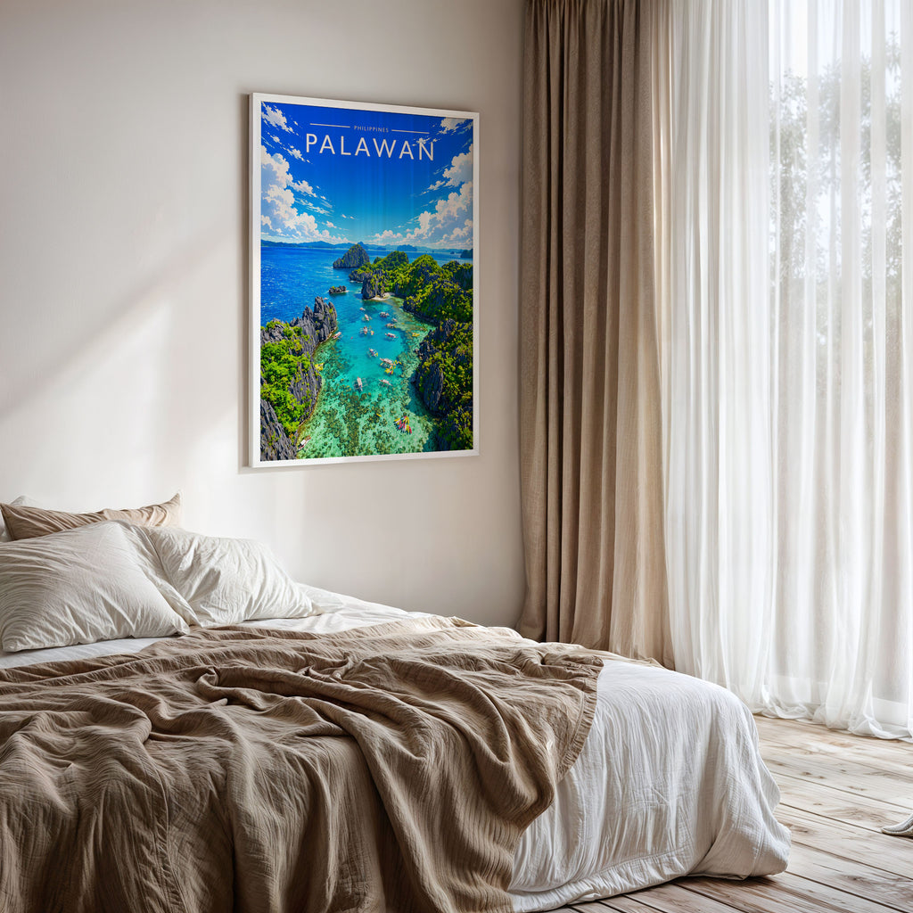 Palawan Travel Poster framed on a bedroom wall