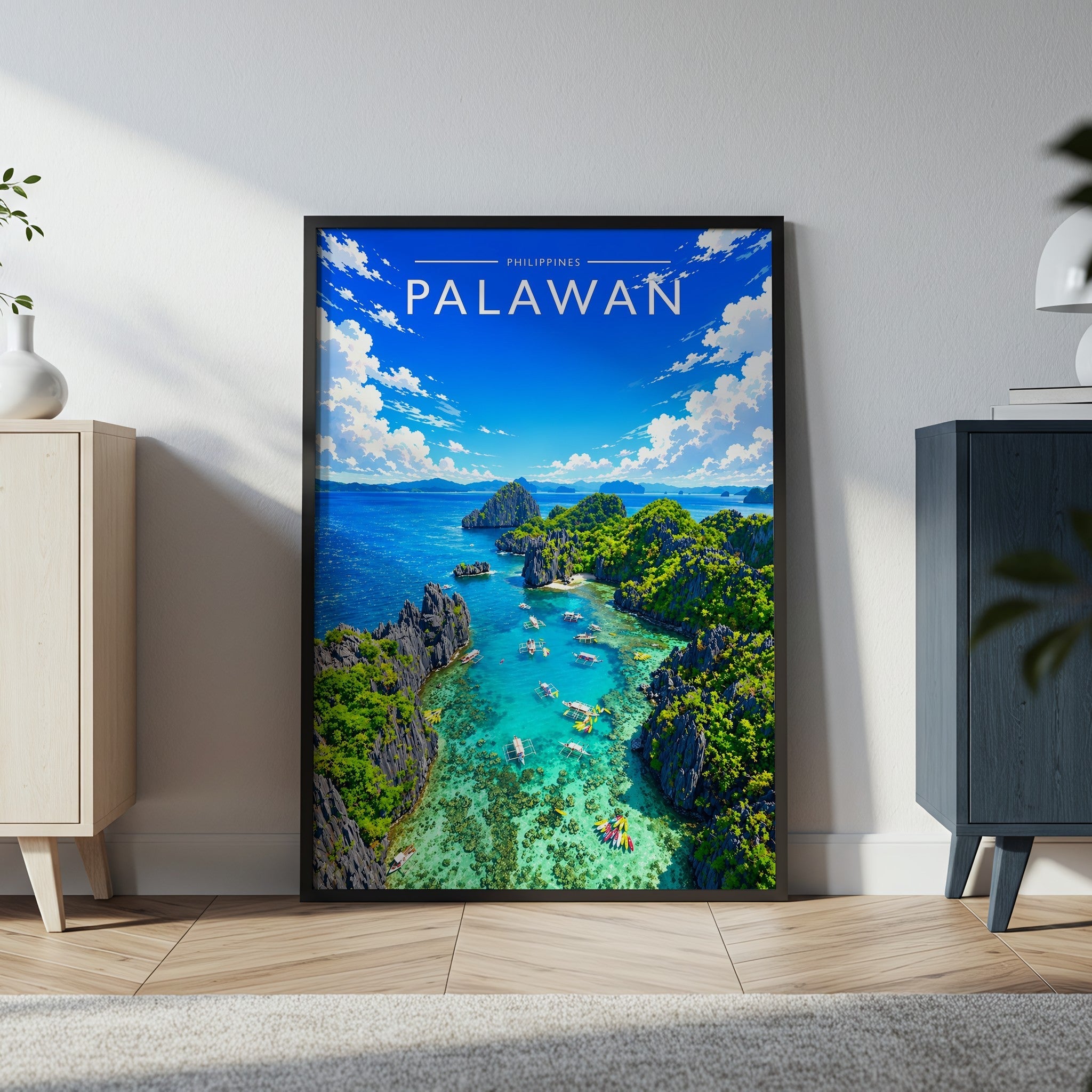 Palawan Travel Poster in a black frame