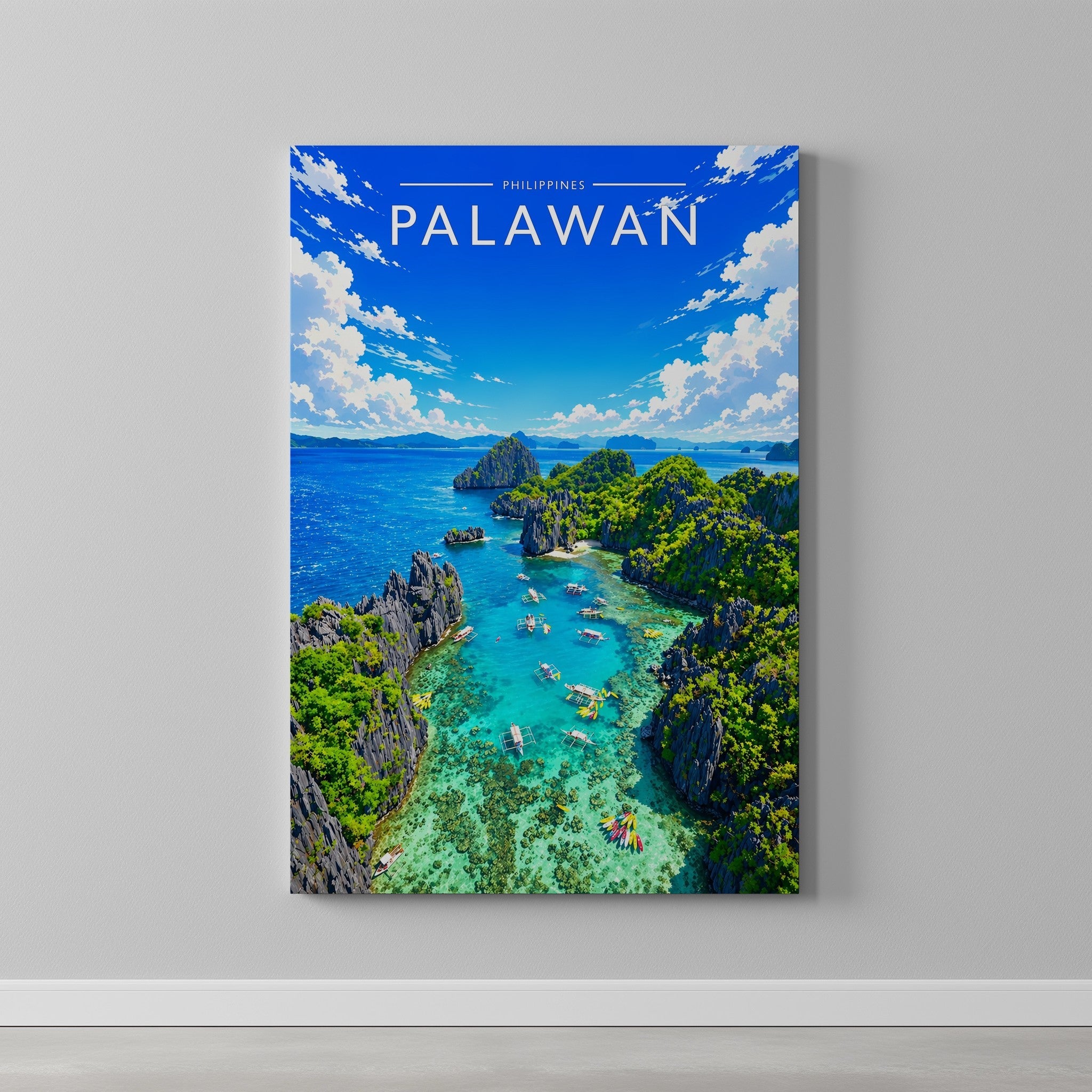 Palawan Travel Poster as a gallery-wrapped canvas on a plain wall
