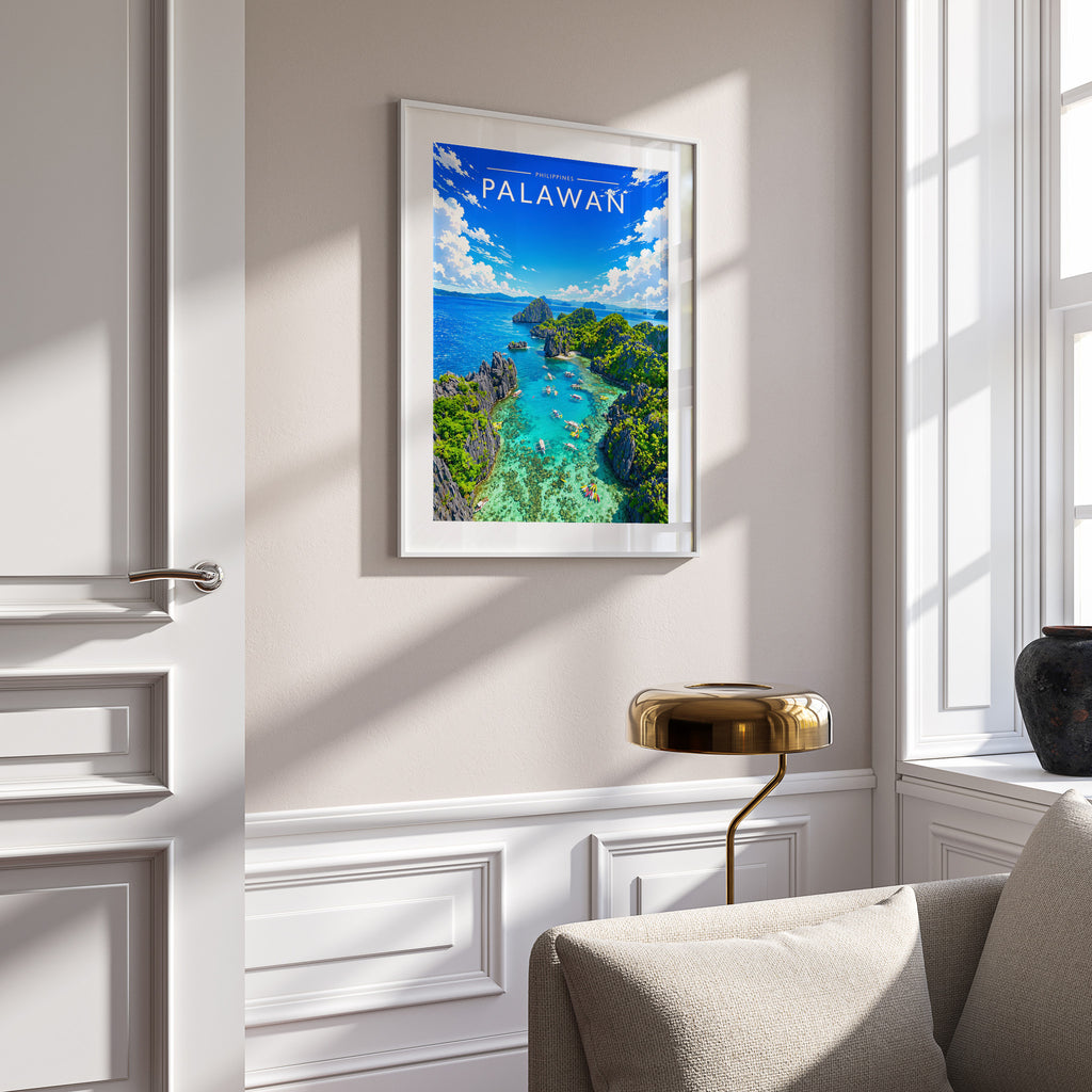 Palawan Travel Poster in a white frame on a panelled wall