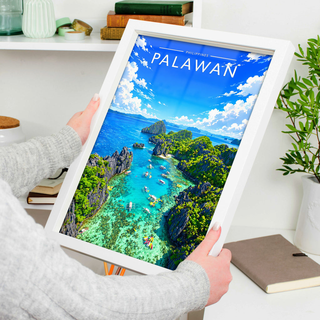 Palawan Travel Poster in a white frame, held to show scale