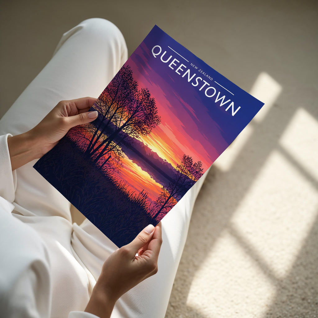 Queenstown Travel Poster - A4 print held in hand