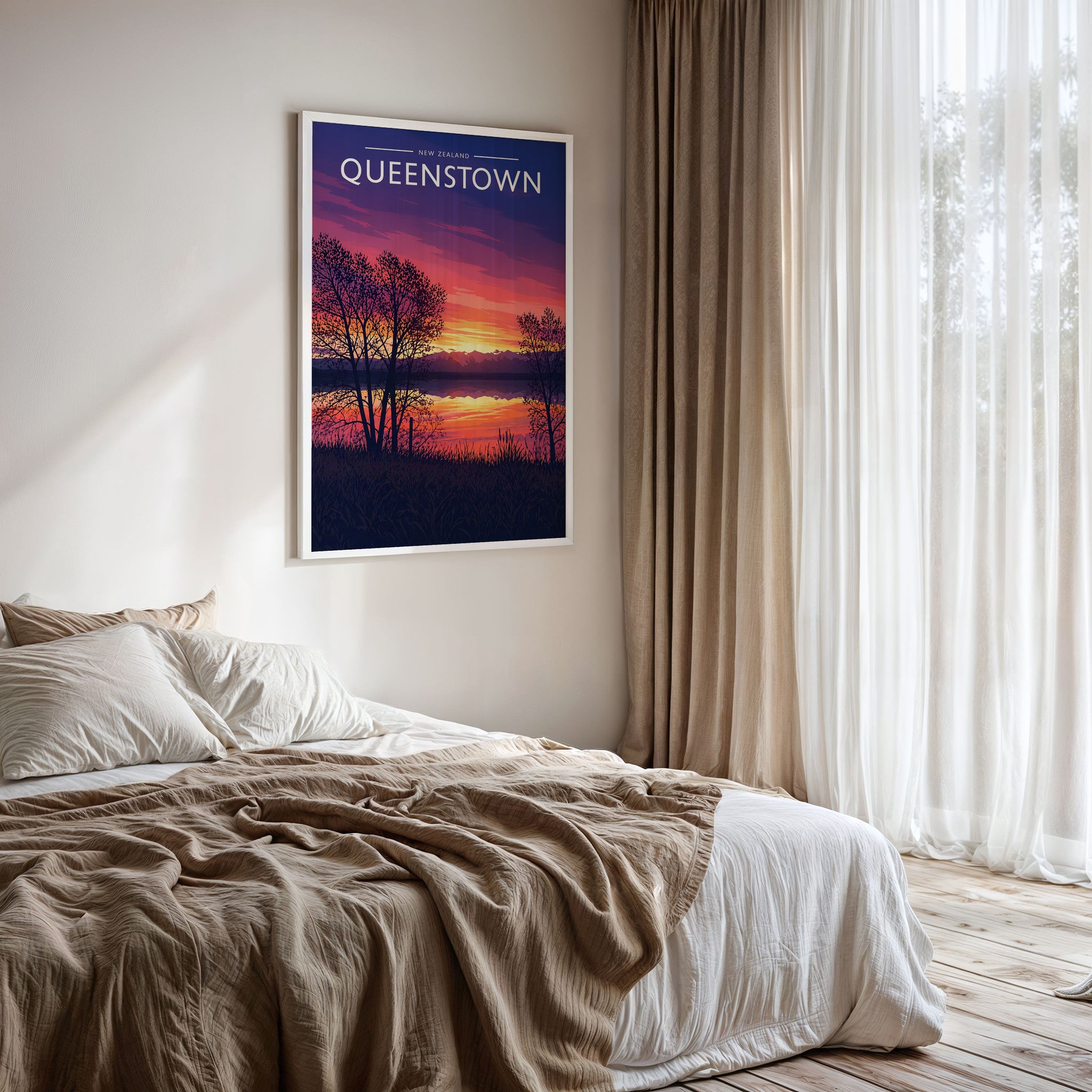Queenstown Travel Poster framed on a bedroom wall
