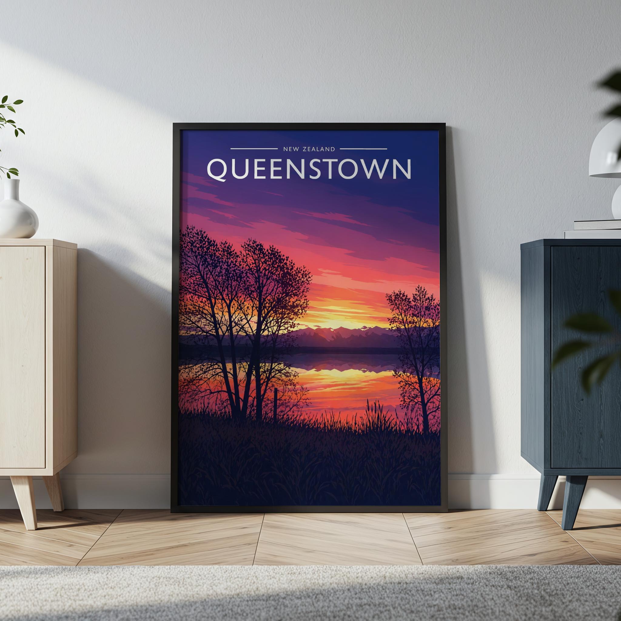 Queenstown Travel Poster in a black frame