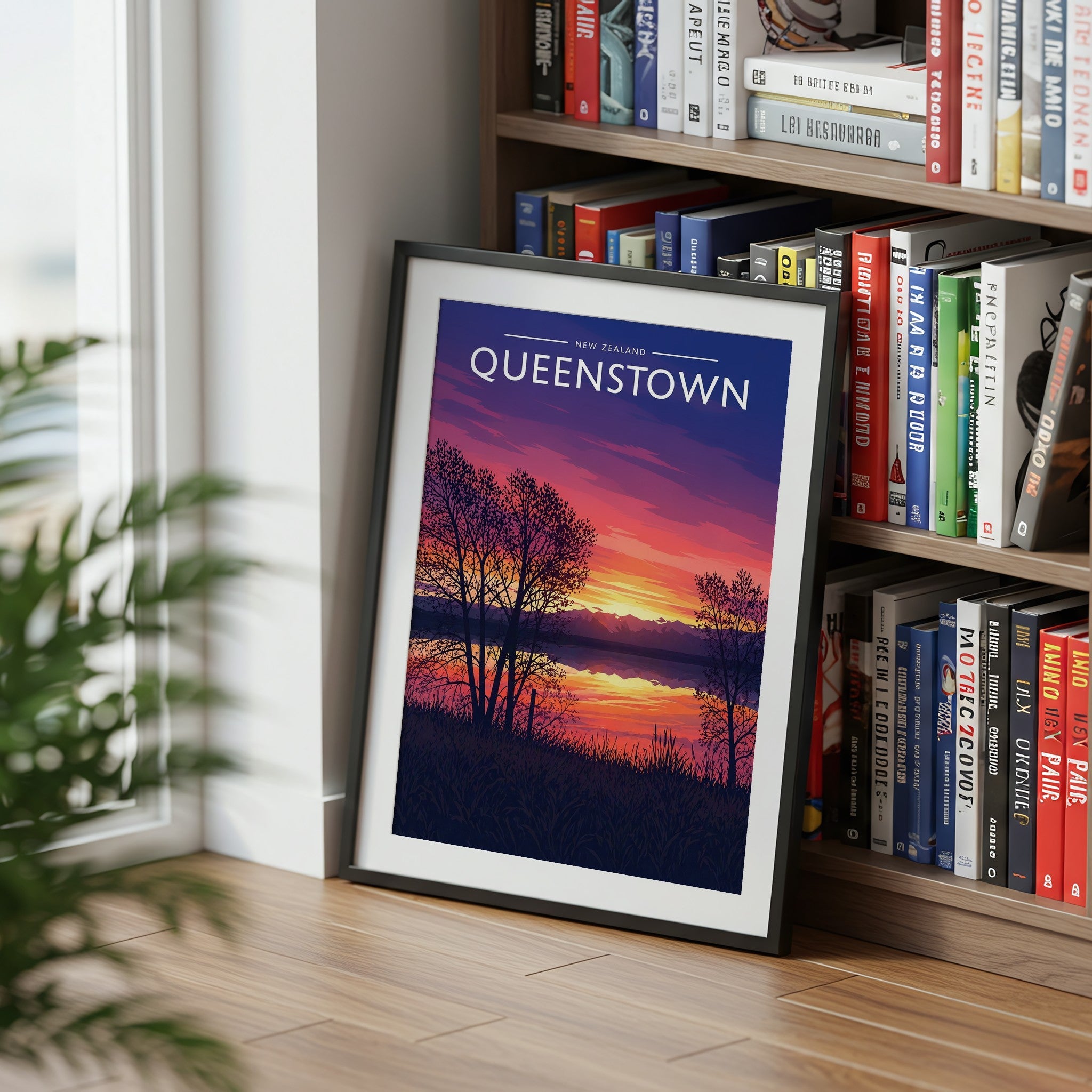 Queenstown Travel Poster mounted in a black frame