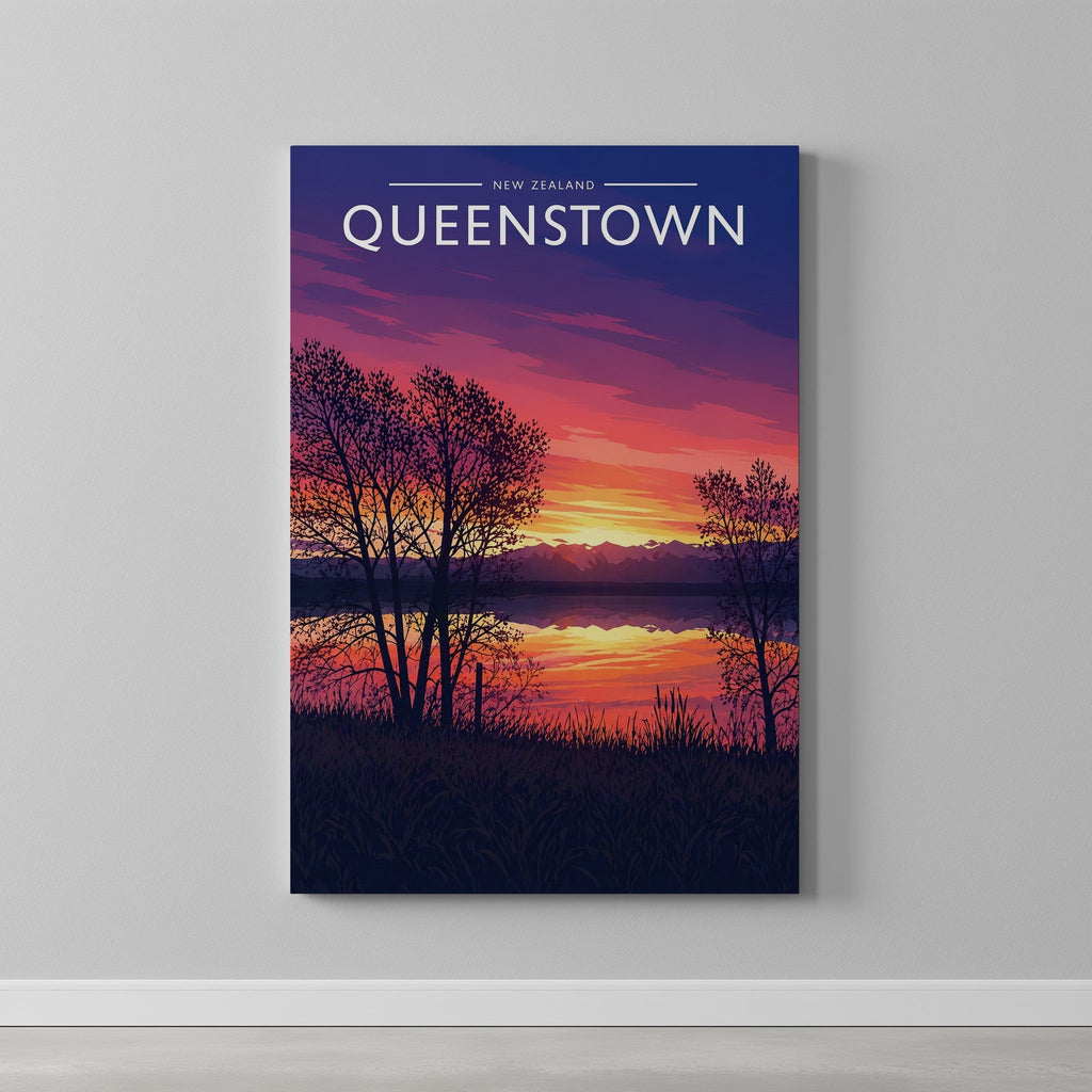 Queenstown Travel Poster as a gallery-wrapped canvas on a plain wall