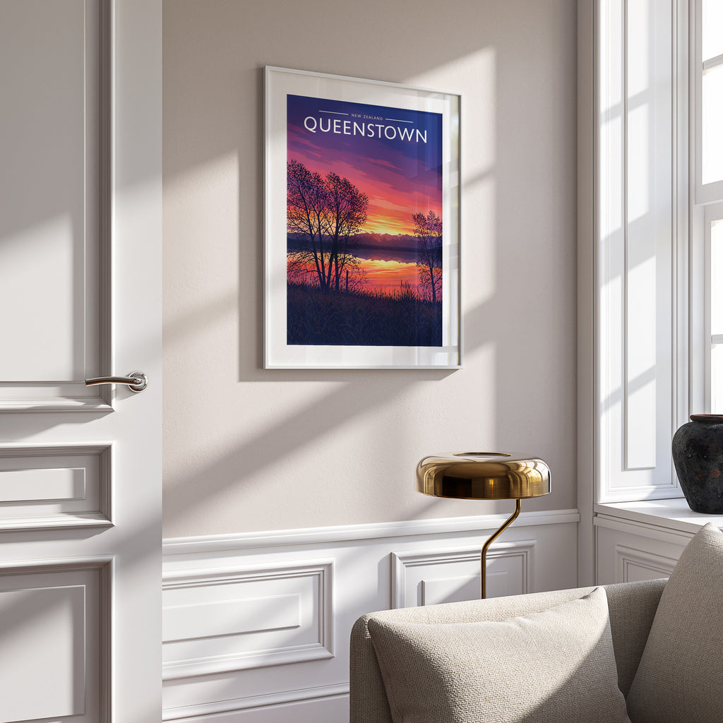 Queenstown Travel Poster in a white frame on a panelled wall