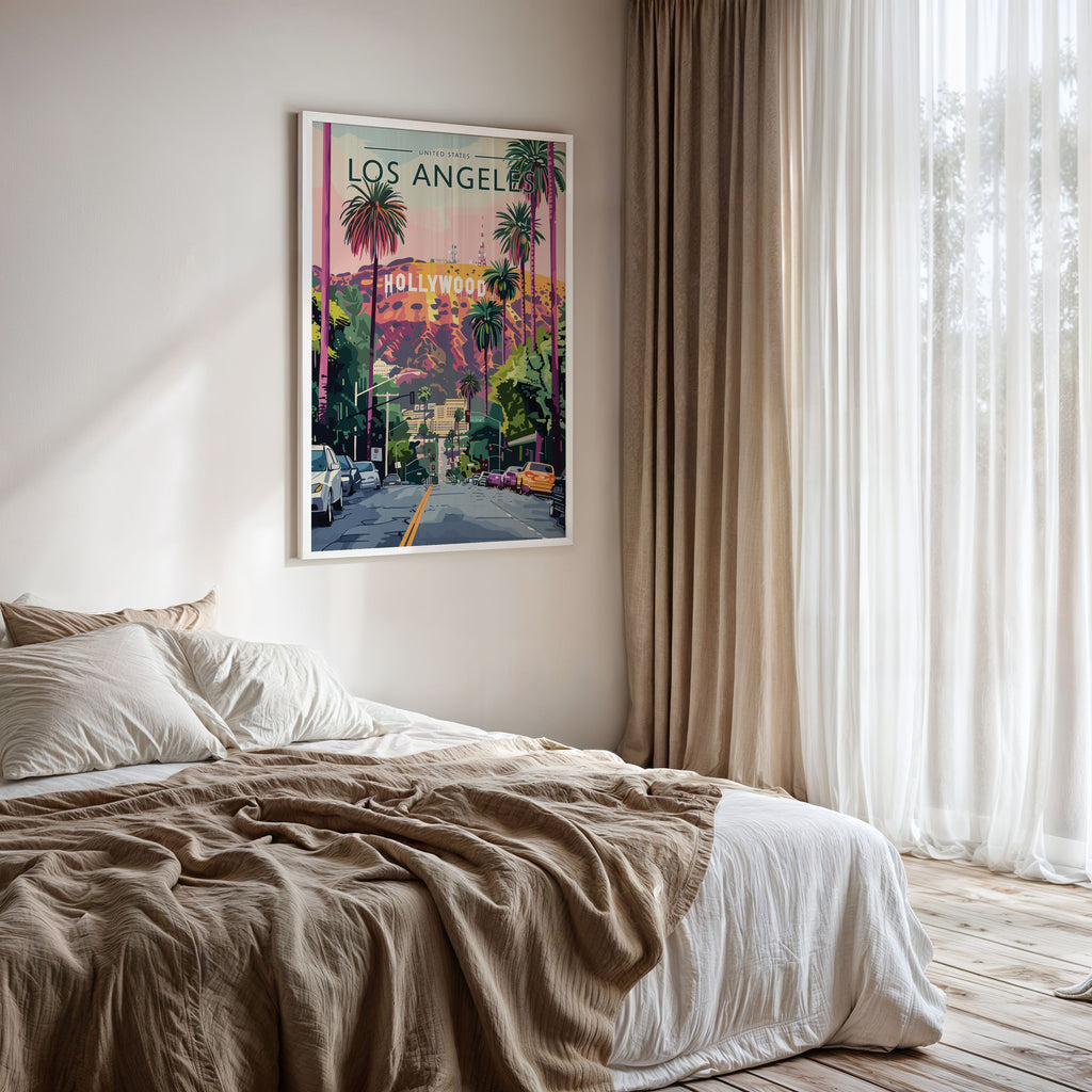 Los Angeles Travel Poster framed on a bedroom wall