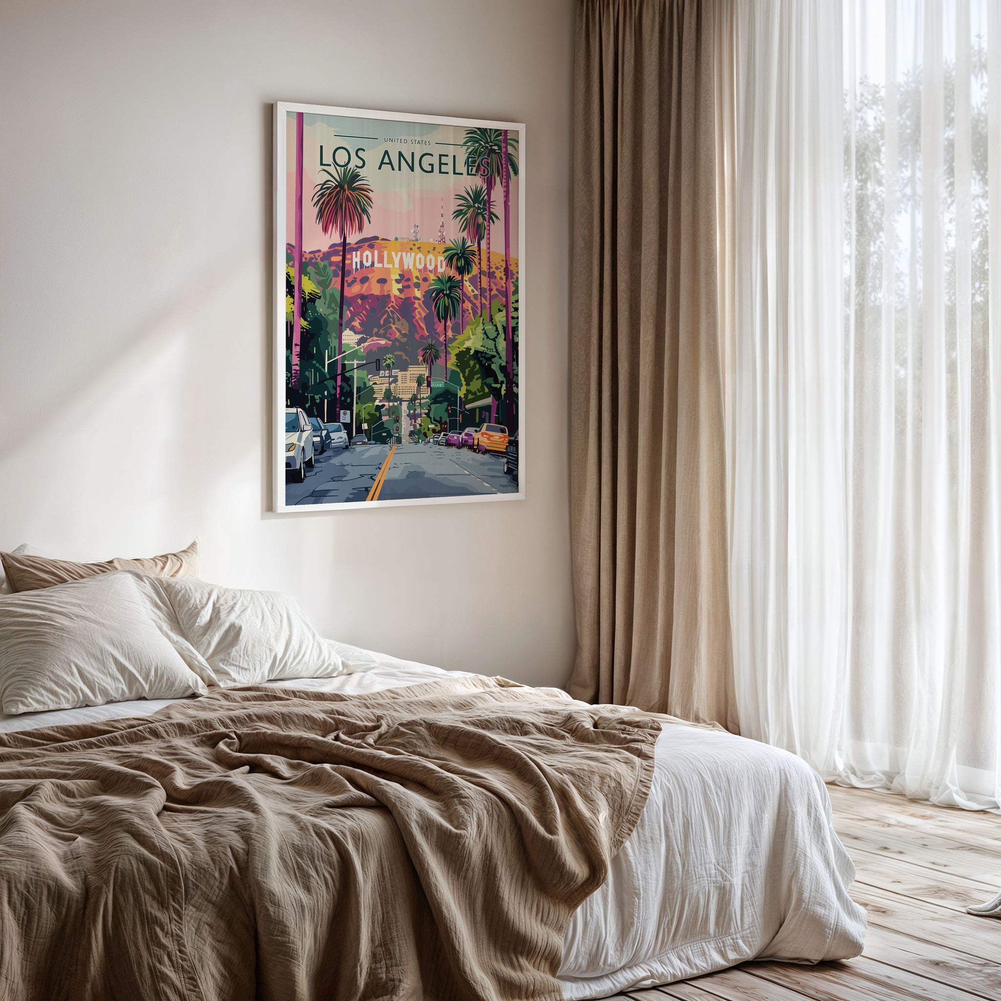 Los Angeles Travel Poster framed on a bedroom wall