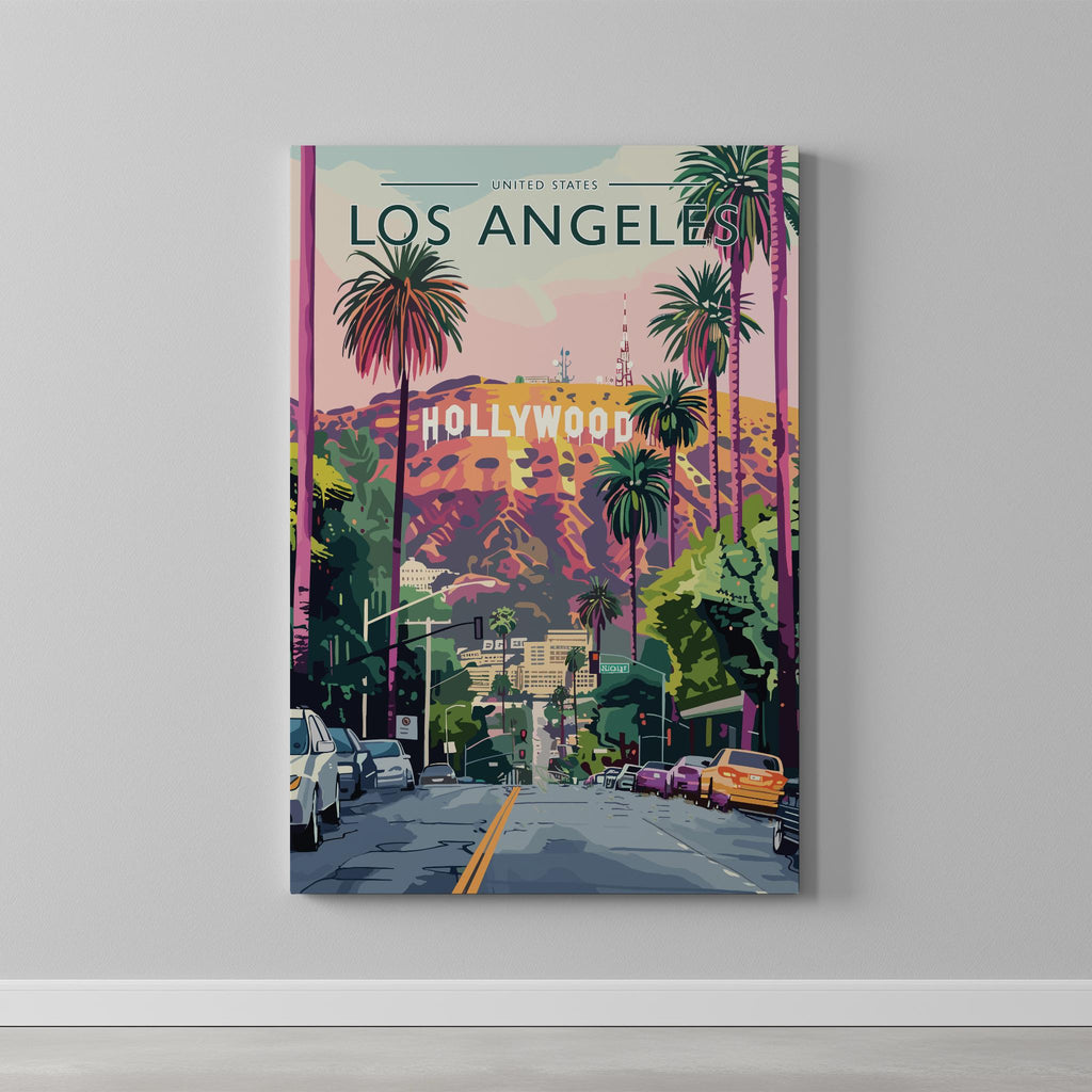 Los Angeles Travel Poster as a gallery-wrapped canvas on a plain wall