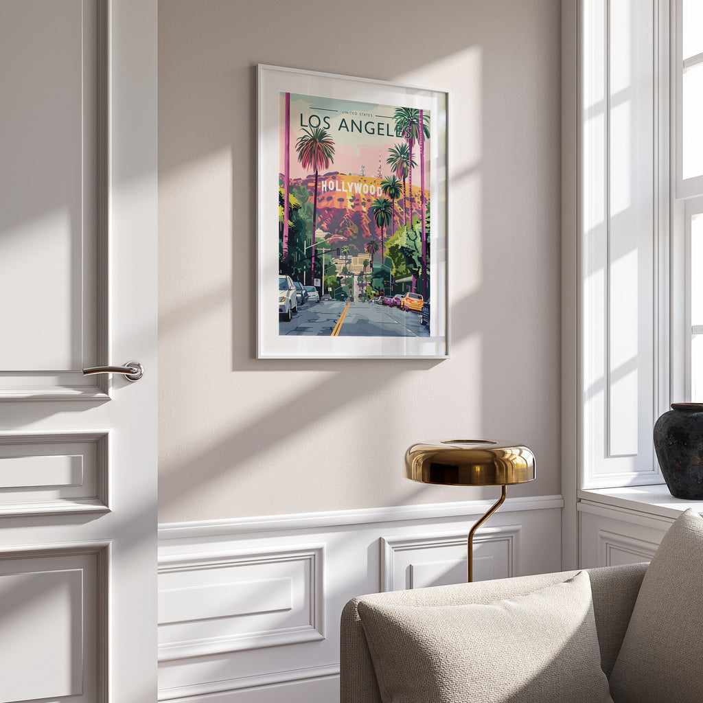Los Angeles Travel Poster in a white frame on a panelled wall