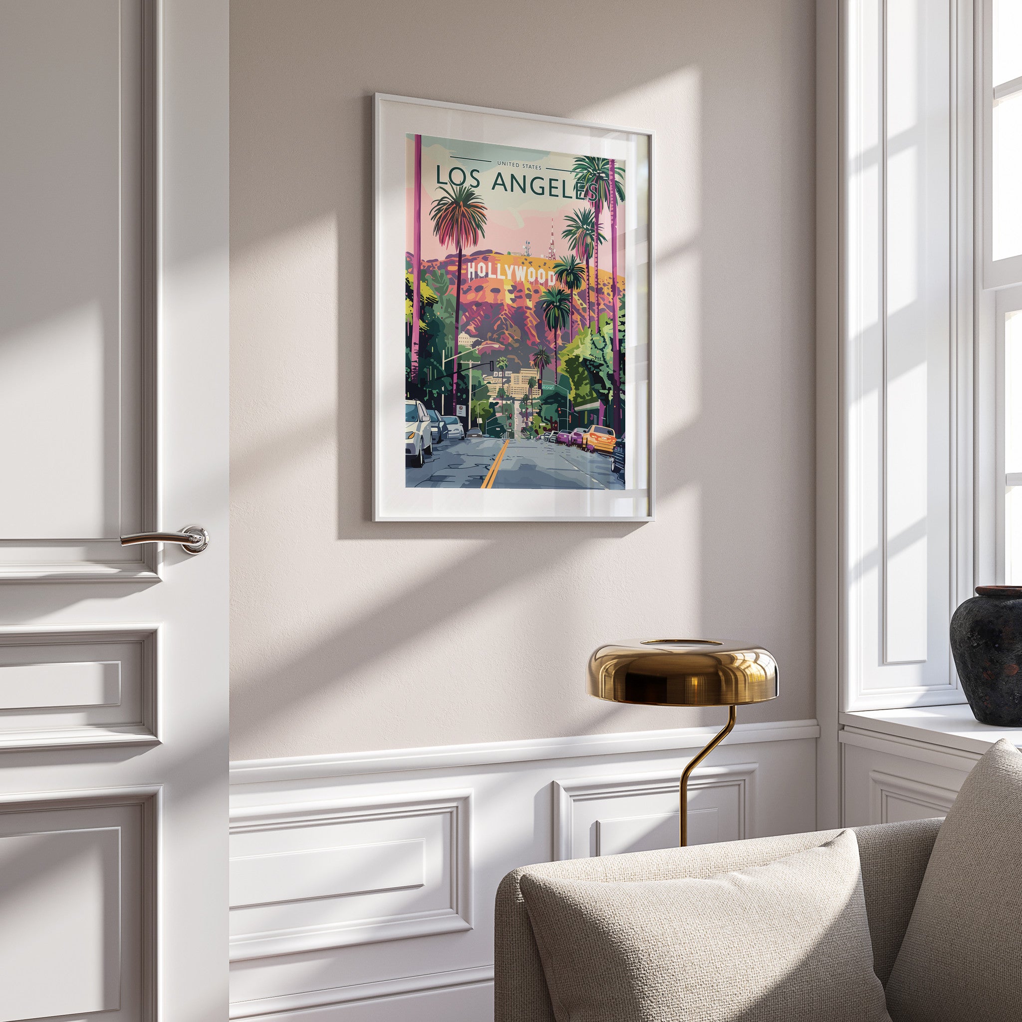 Los Angeles Travel Poster in a white frame on a panelled wall