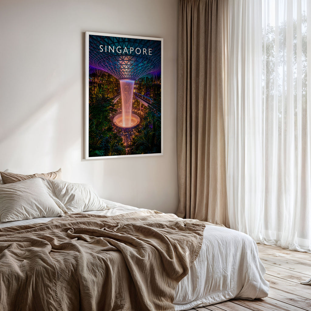 Singapore Travel Poster framed on a bedroom wall