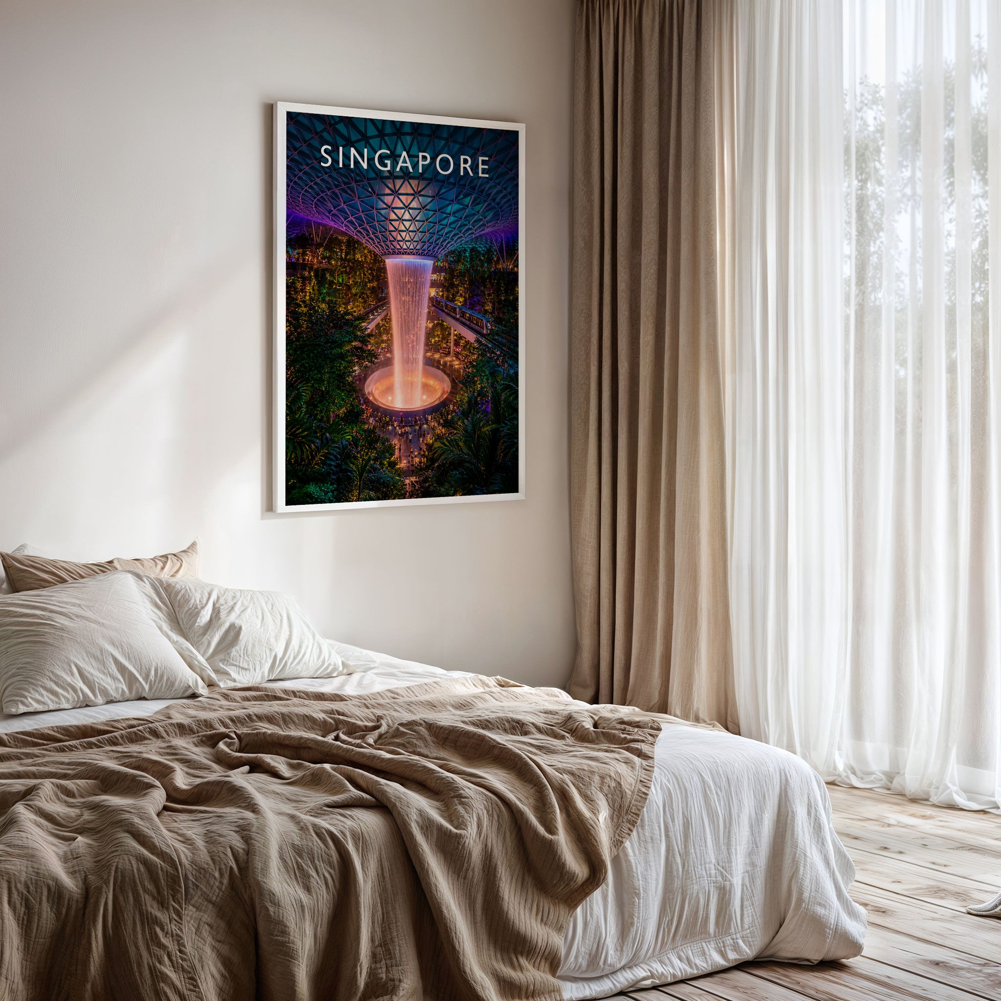 Singapore Travel Poster framed on a bedroom wall