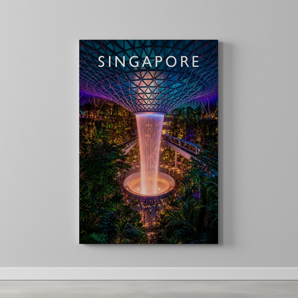 Singapore Travel Poster as a gallery-wrapped canvas on a plain wall
