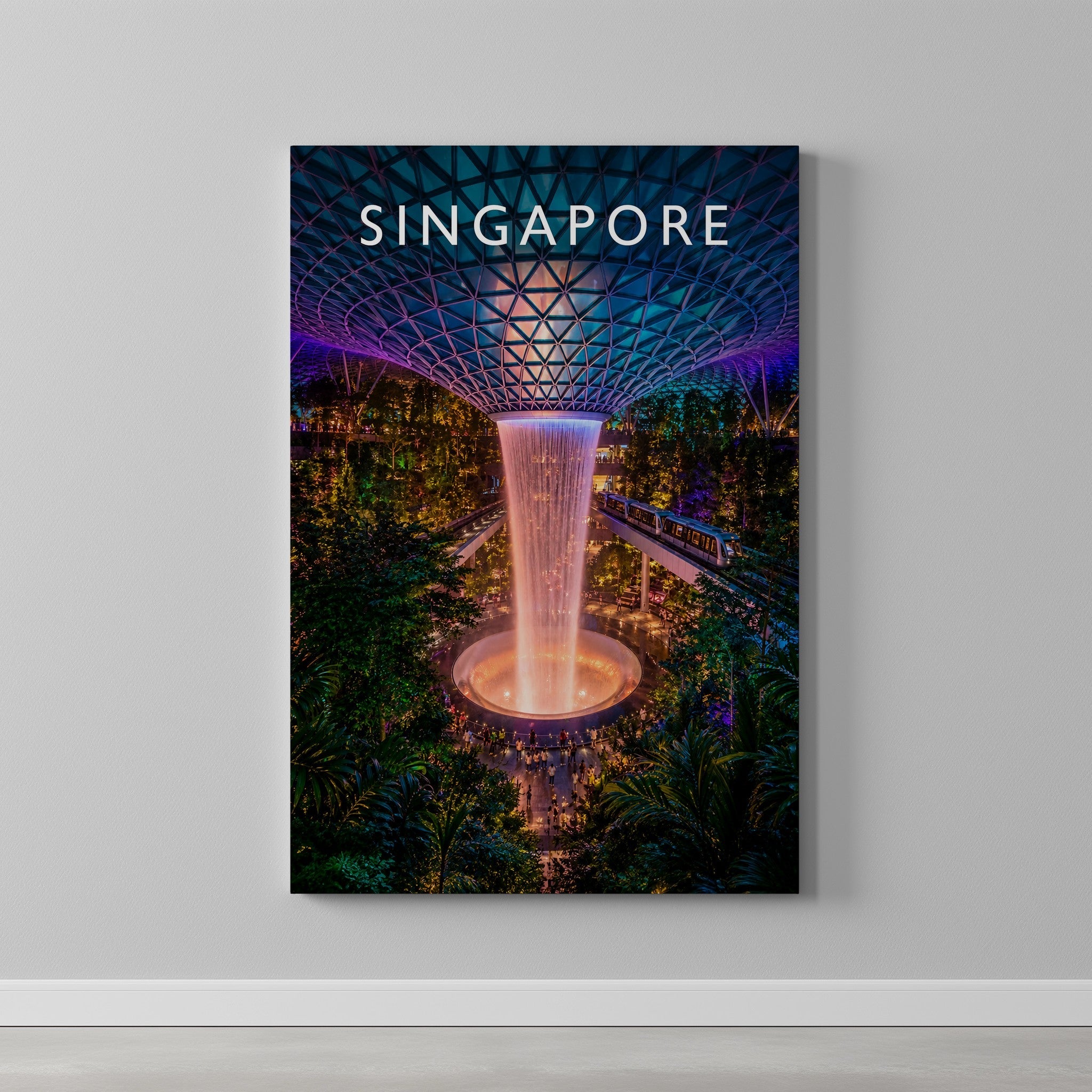 Singapore Travel Poster as a gallery-wrapped canvas on a plain wall