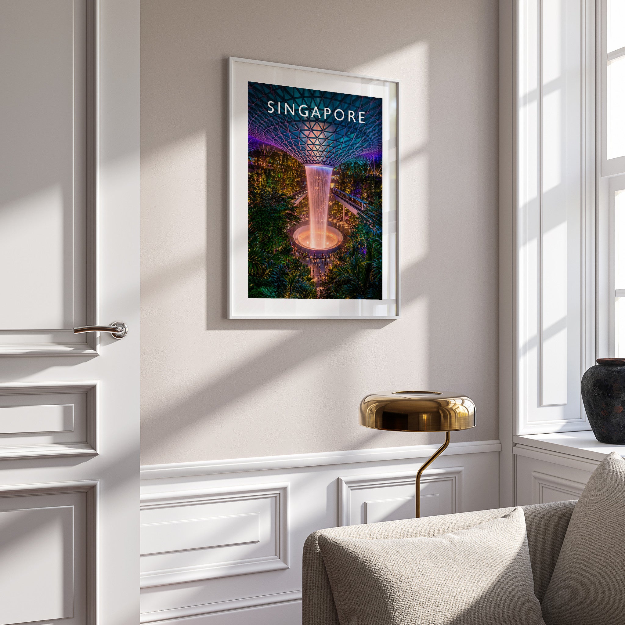 Singapore Travel Poster in a white frame on a panelled wall