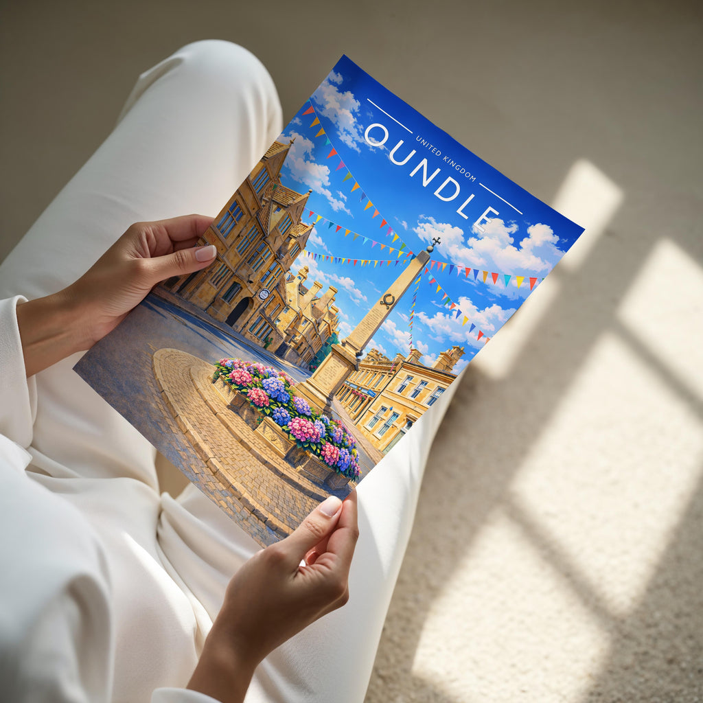 Oundle #2 Travel Poster - A4 print held in hand