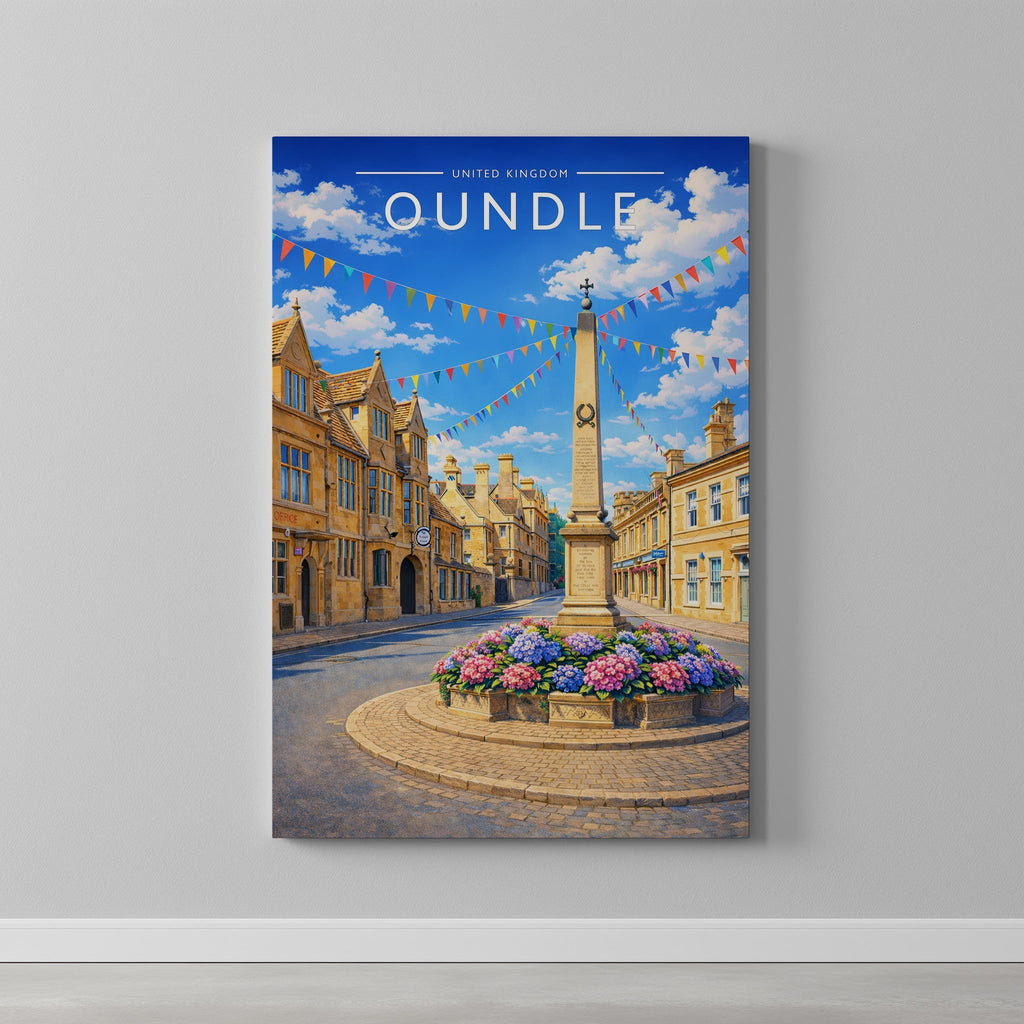 Oundle #2 Travel Poster as a gallery-wrapped canvas on a plain wall