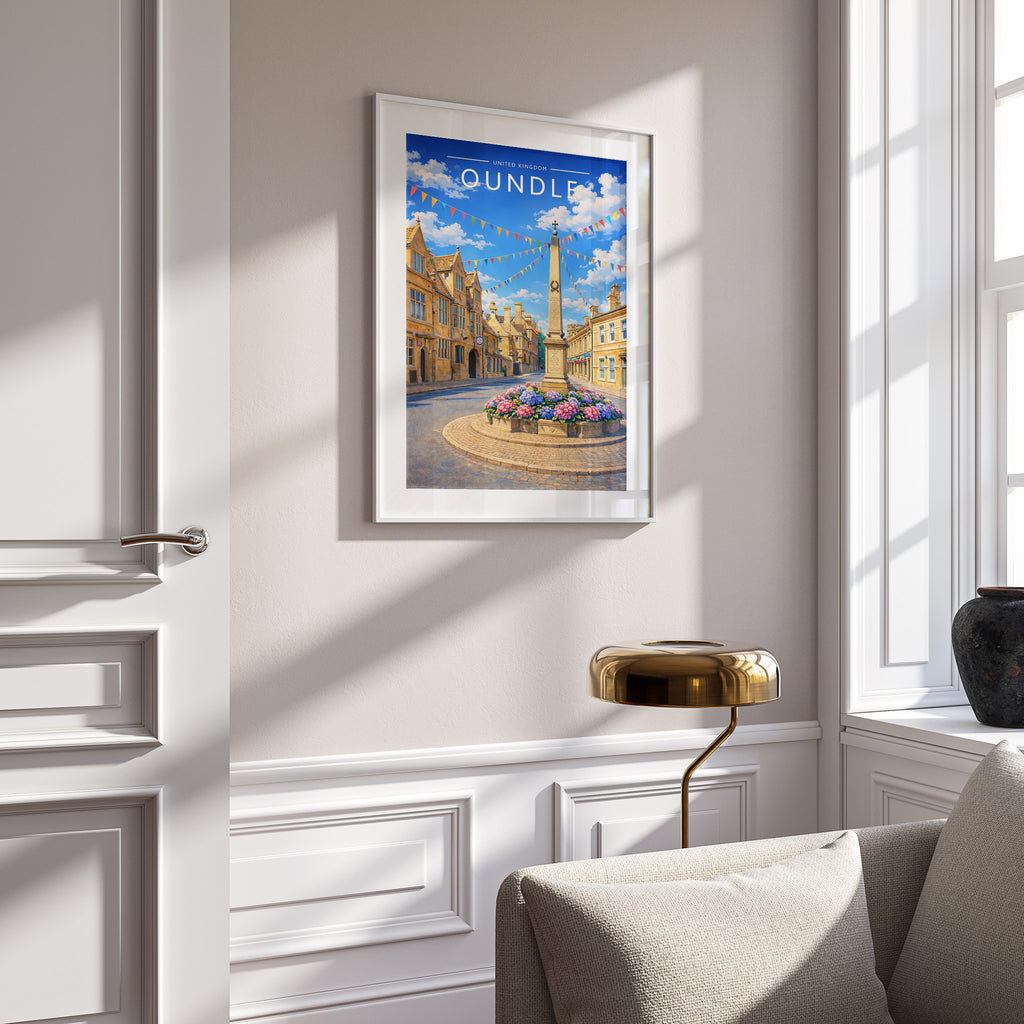 Oundle #2 Travel Poster in a white frame on a panelled wall