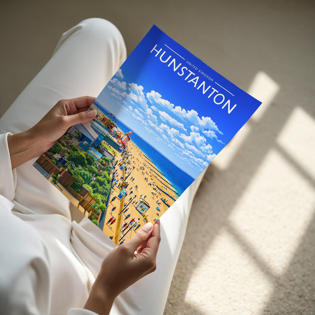 Hunstanton Travel Poster - A4 print held in hand
