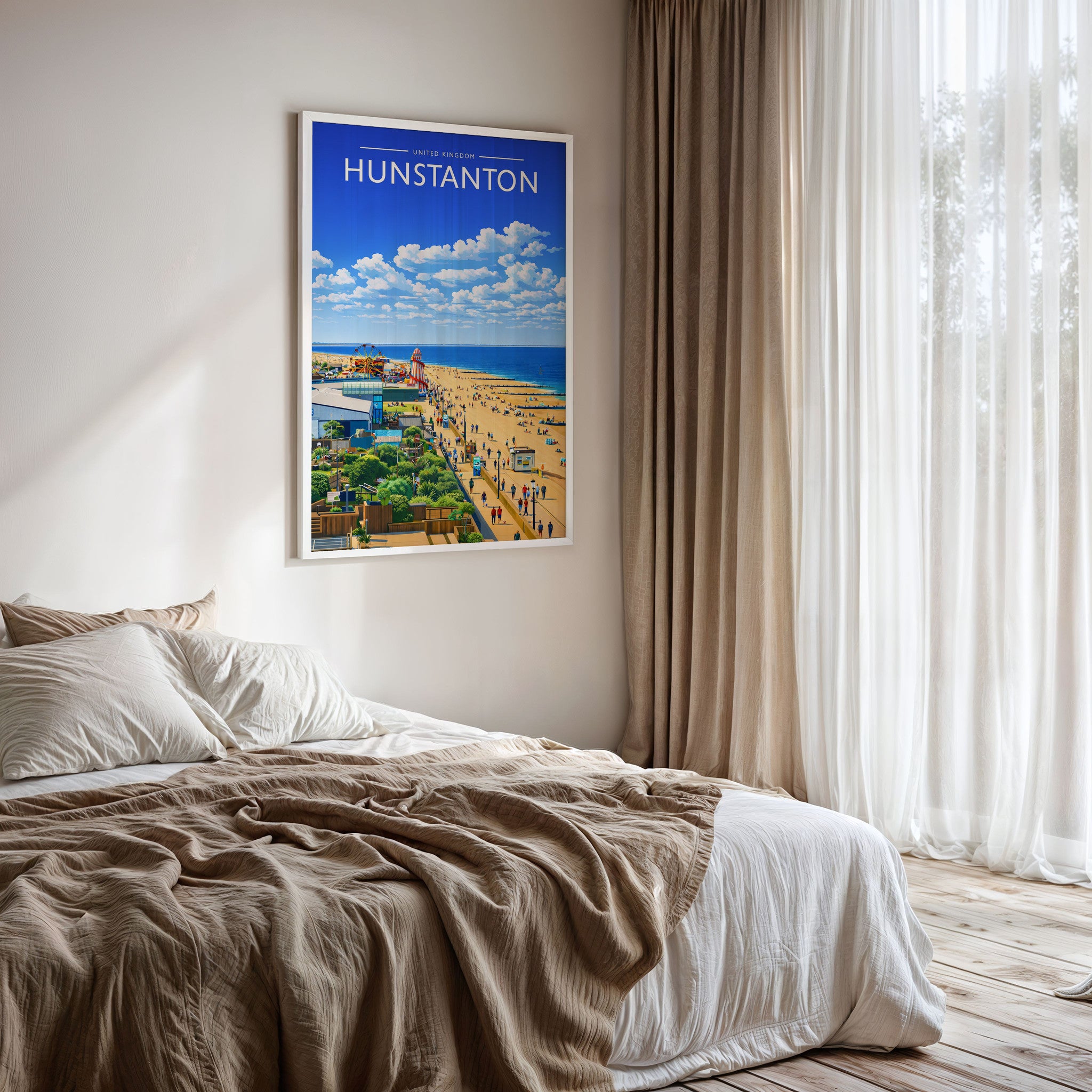Hunstanton Travel Poster framed on a bedroom wall
