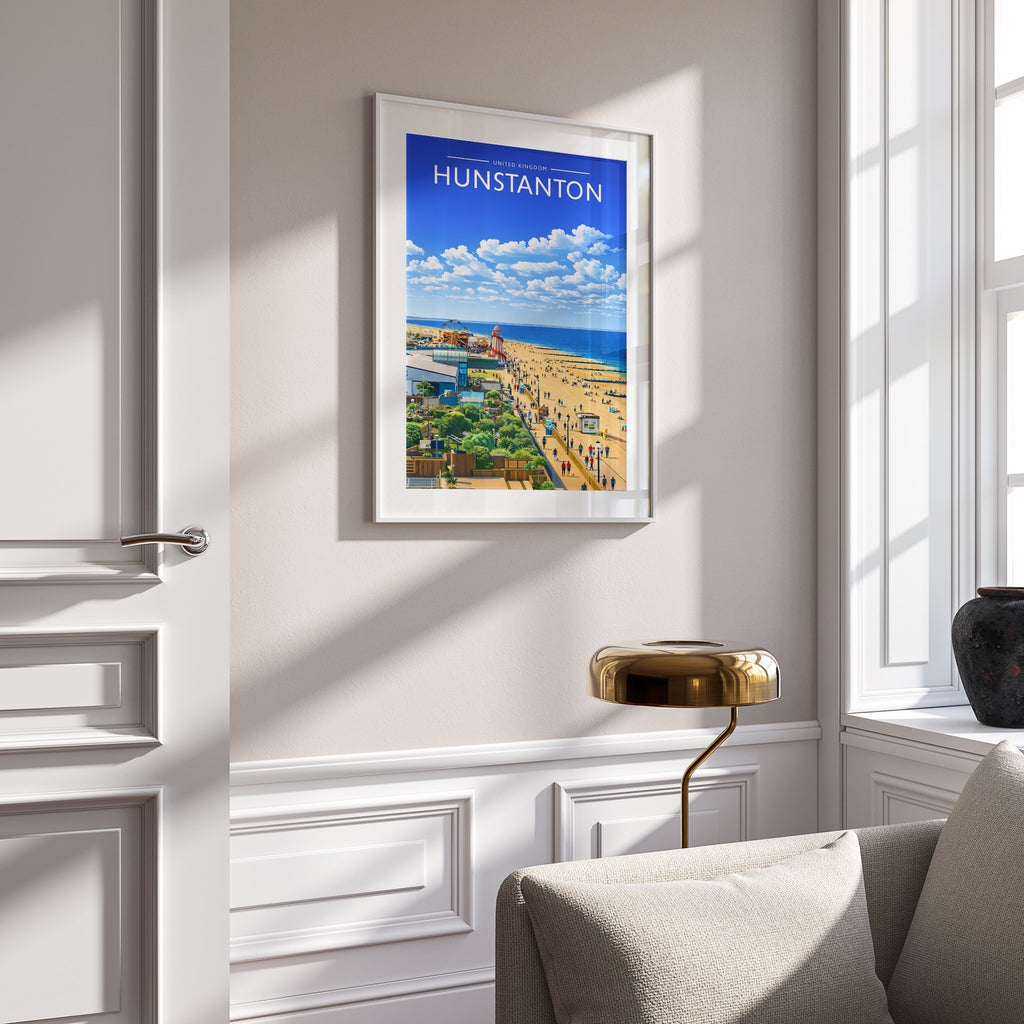 Hunstanton Travel Poster in a white frame on a panelled wall