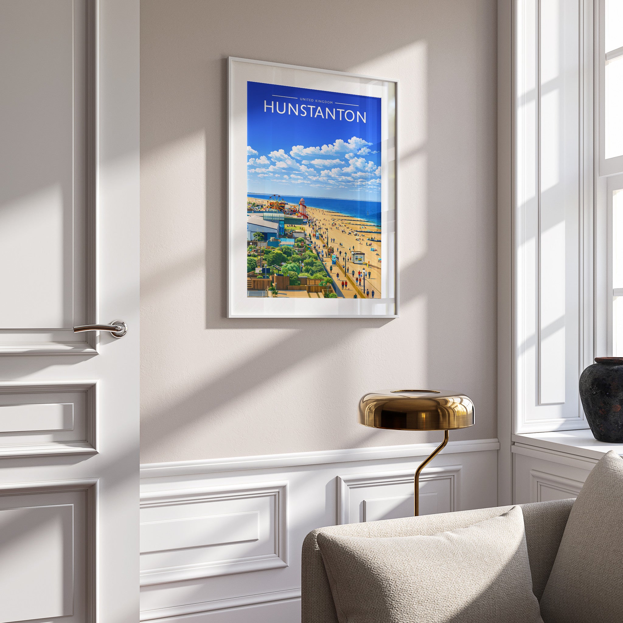Hunstanton Travel Poster in a white frame on a panelled wall