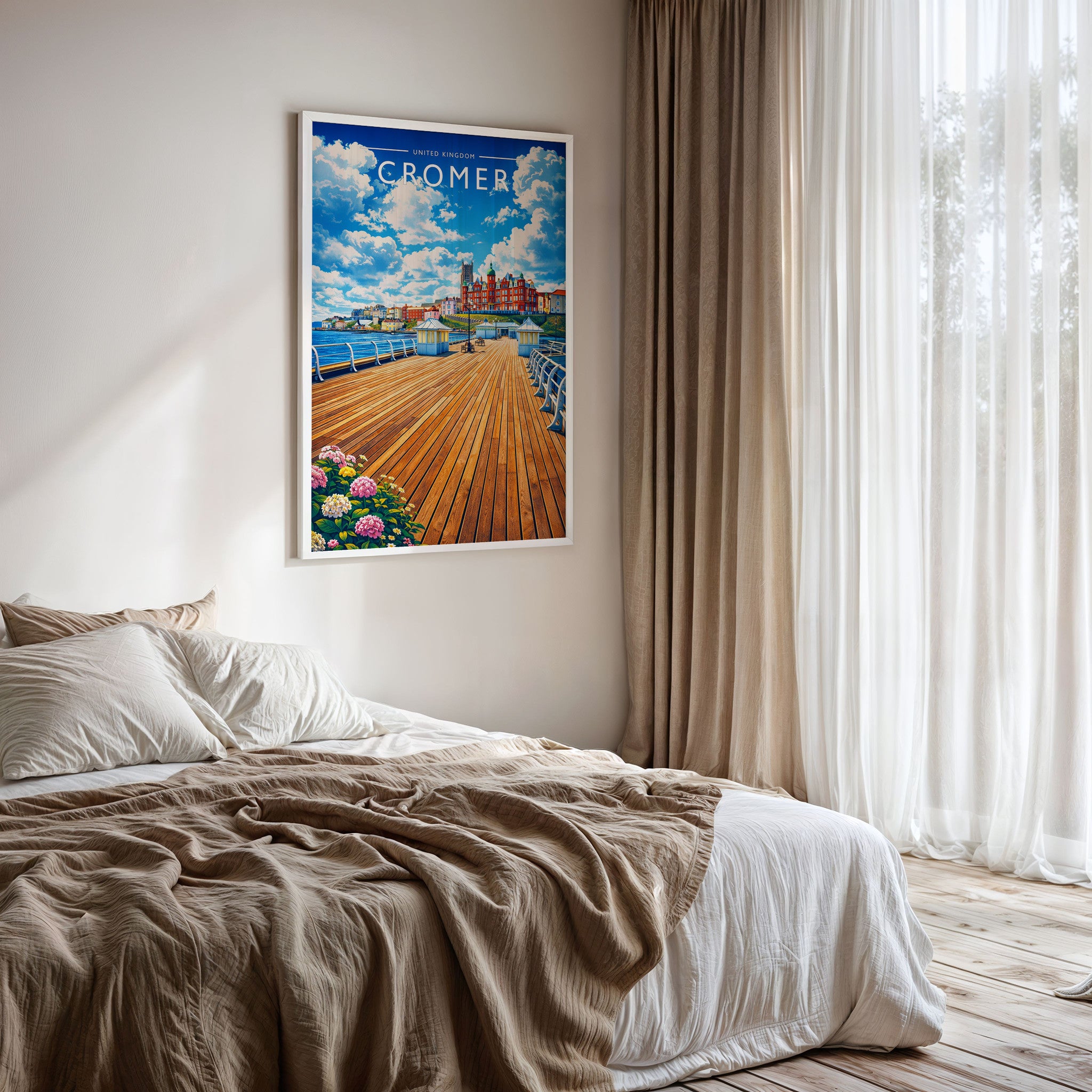Cromer #2 Travel Poster framed on a bedroom wall
