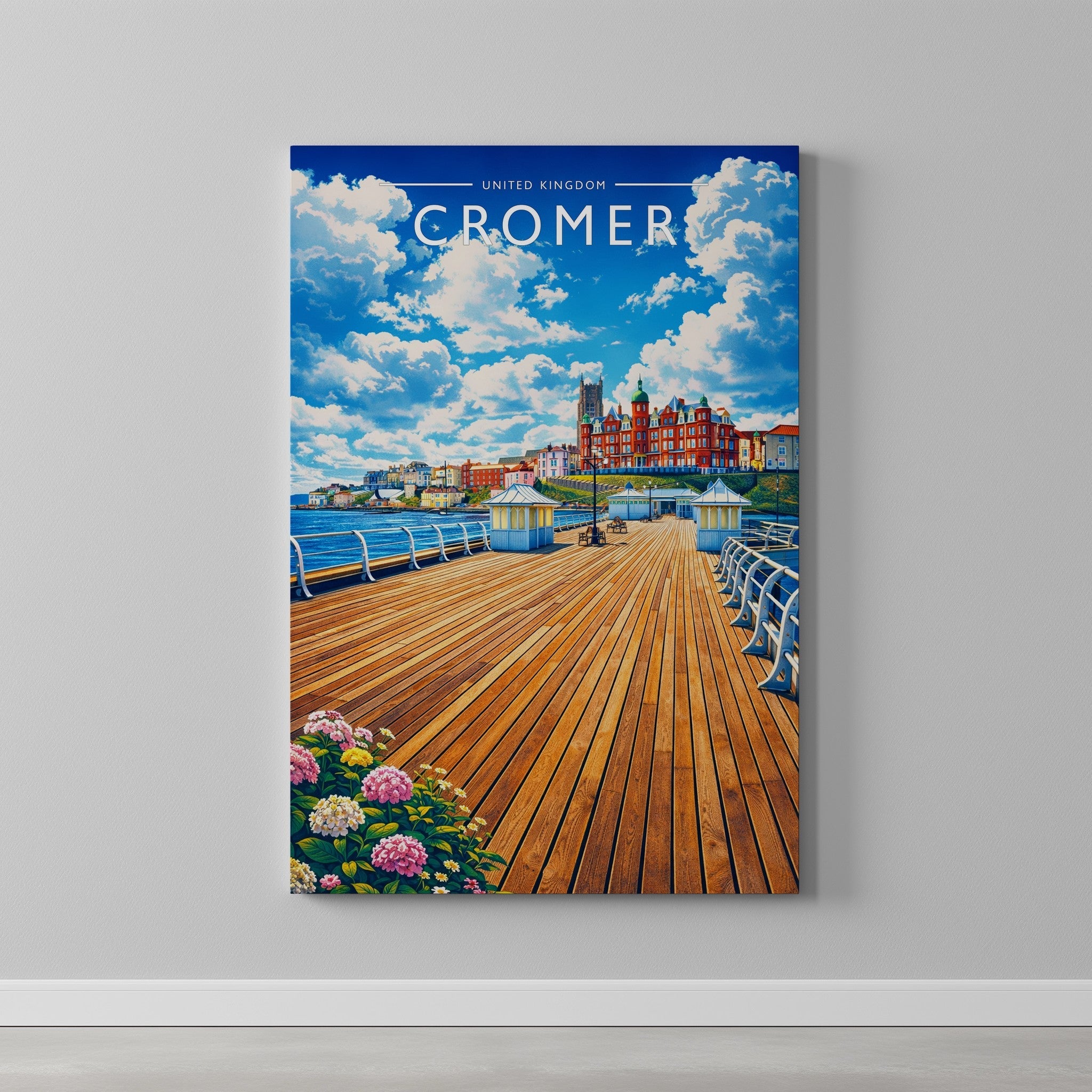 Cromer #2 Travel Poster as a gallery-wrapped canvas on a plain wall
