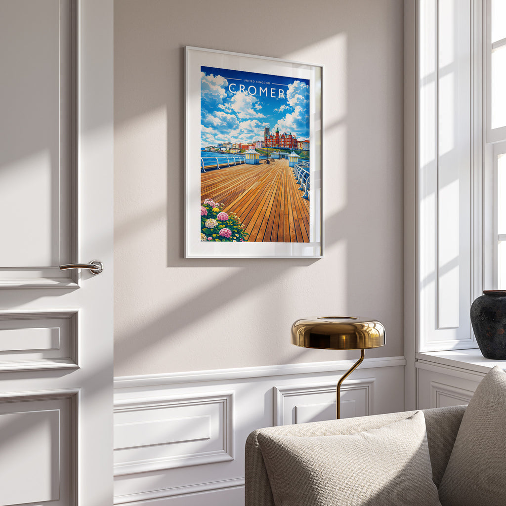Cromer #2 Travel Poster in a white frame on a panelled wall