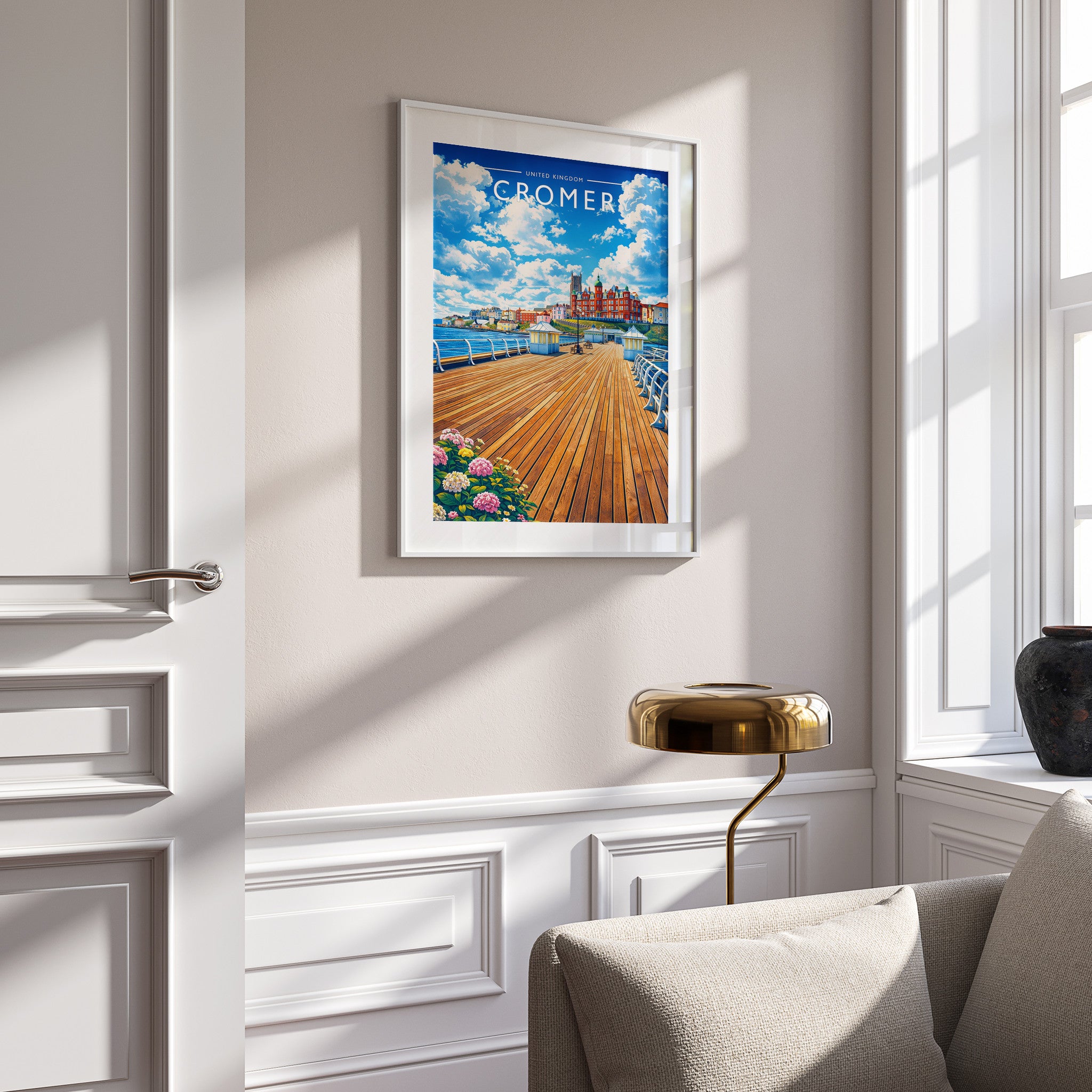 Cromer #2 Travel Poster in a white frame on a panelled wall