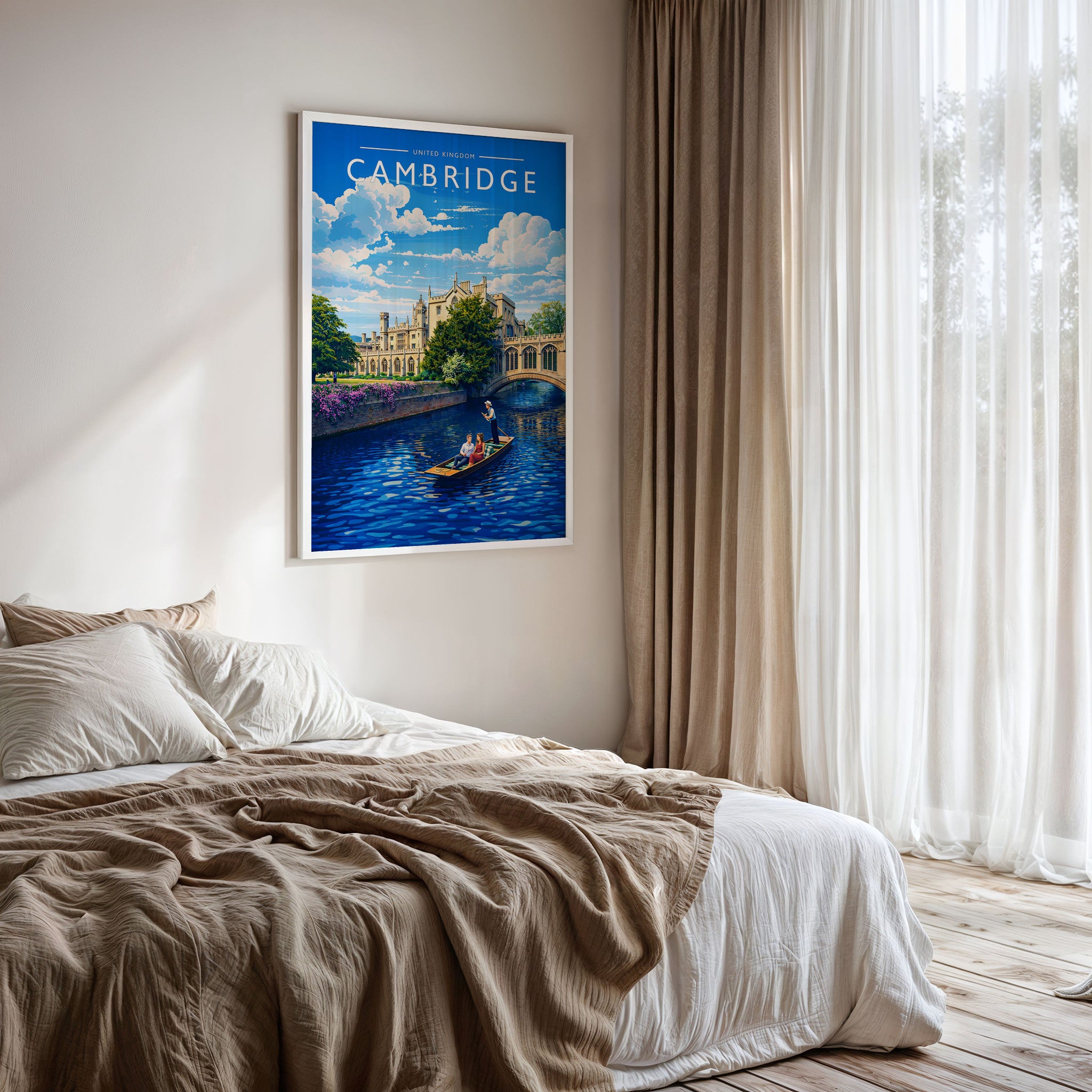 Cambridge Travel Poster framed on a bedroom wall
