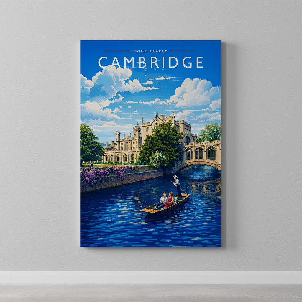 Cambridge Travel Poster as a gallery-wrapped canvas on a plain wall