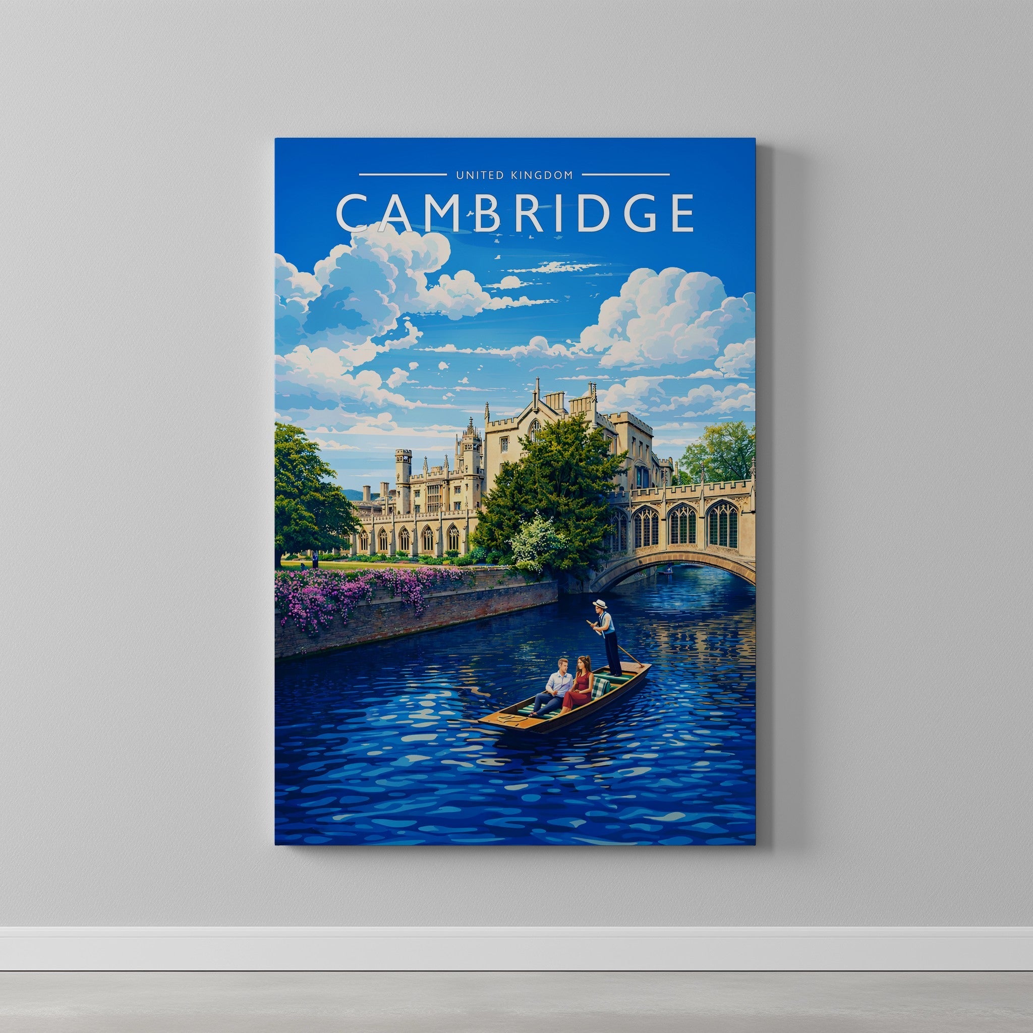 Cambridge Travel Poster as a gallery-wrapped canvas on a plain wall