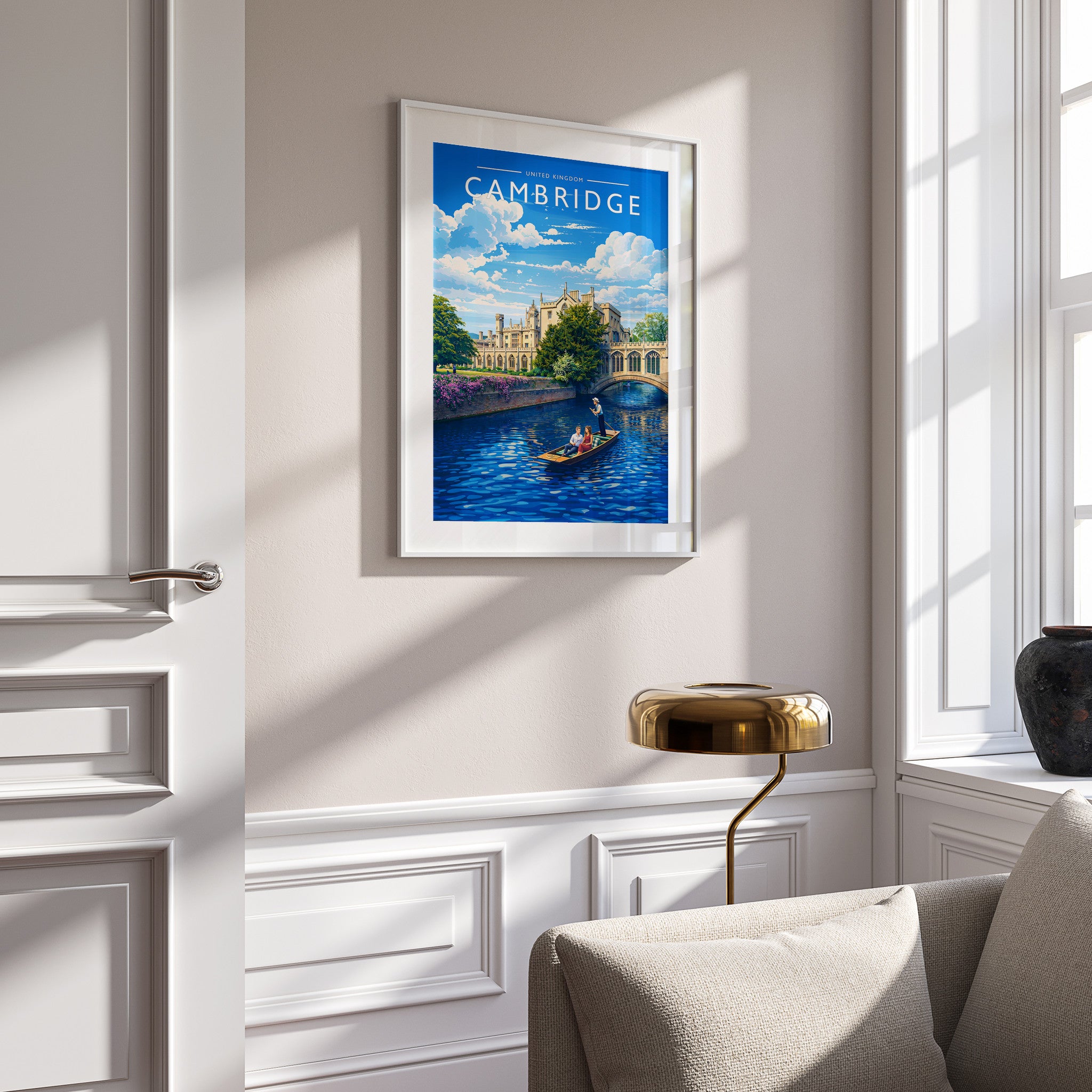 Cambridge Travel Poster in a white frame on a panelled wall