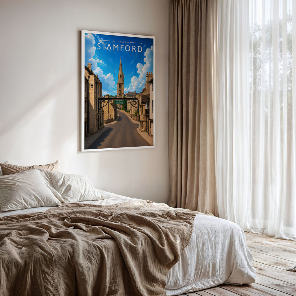 Stamford #10 Travel Poster framed on a bedroom wall