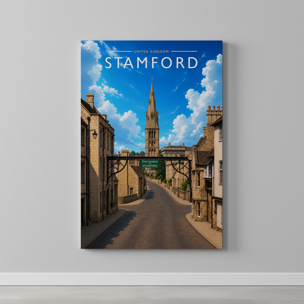 Stamford #10 Travel Poster as a gallery-wrapped canvas on a plain wall