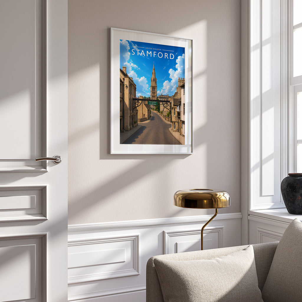 Stamford #10 Travel Poster in a white frame on a panelled wall