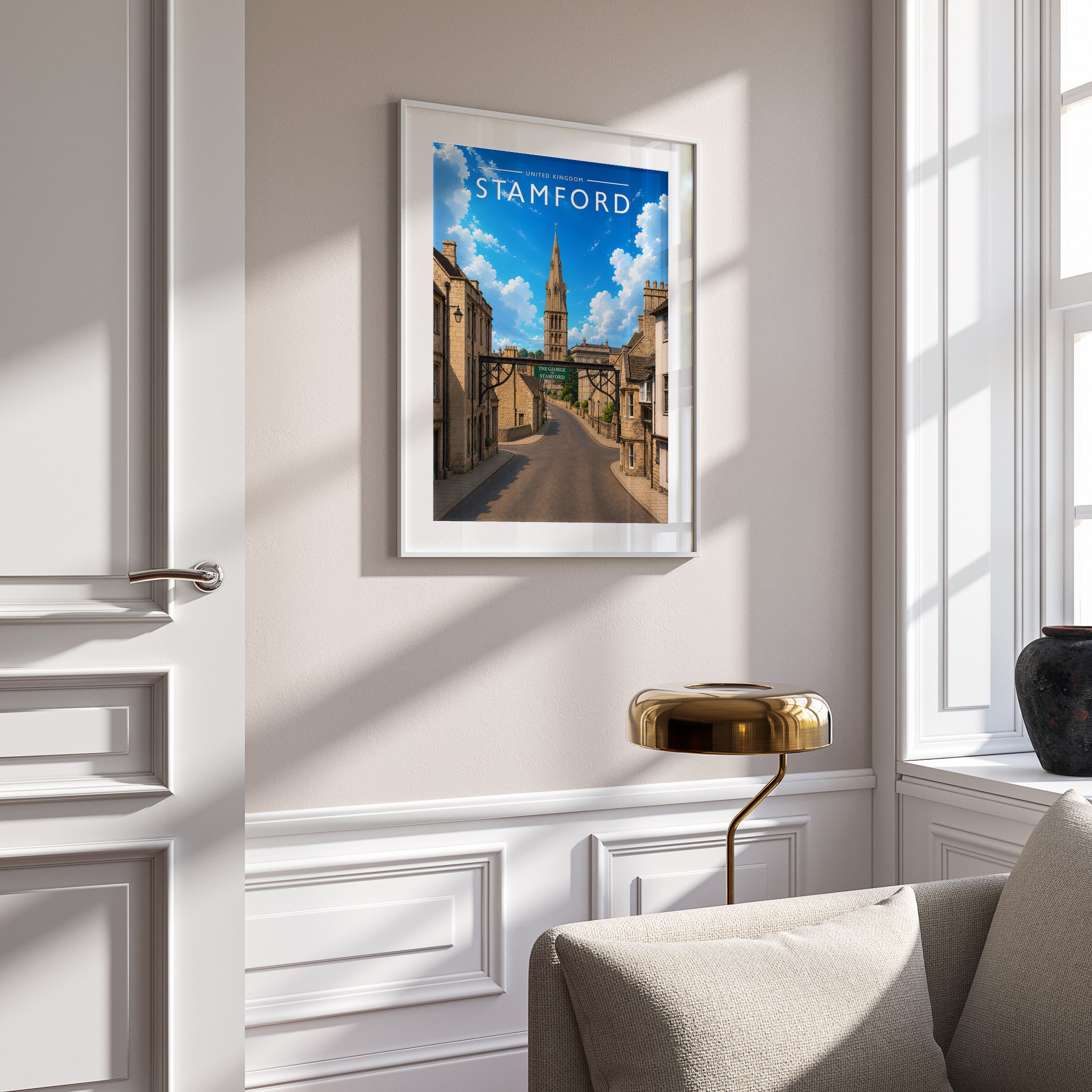 Stamford #10 Travel Poster in a white frame on a panelled wall