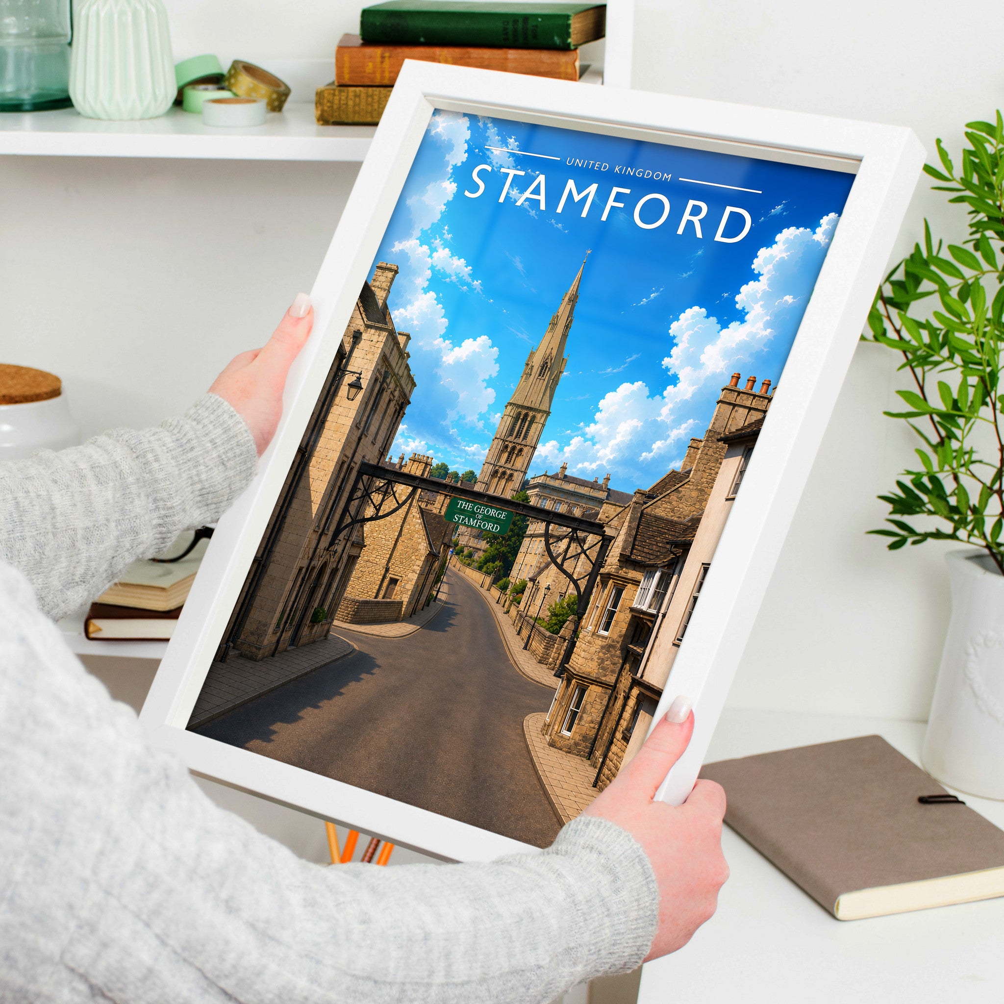 Stamford #10 Travel Poster in a white frame, held to show scale