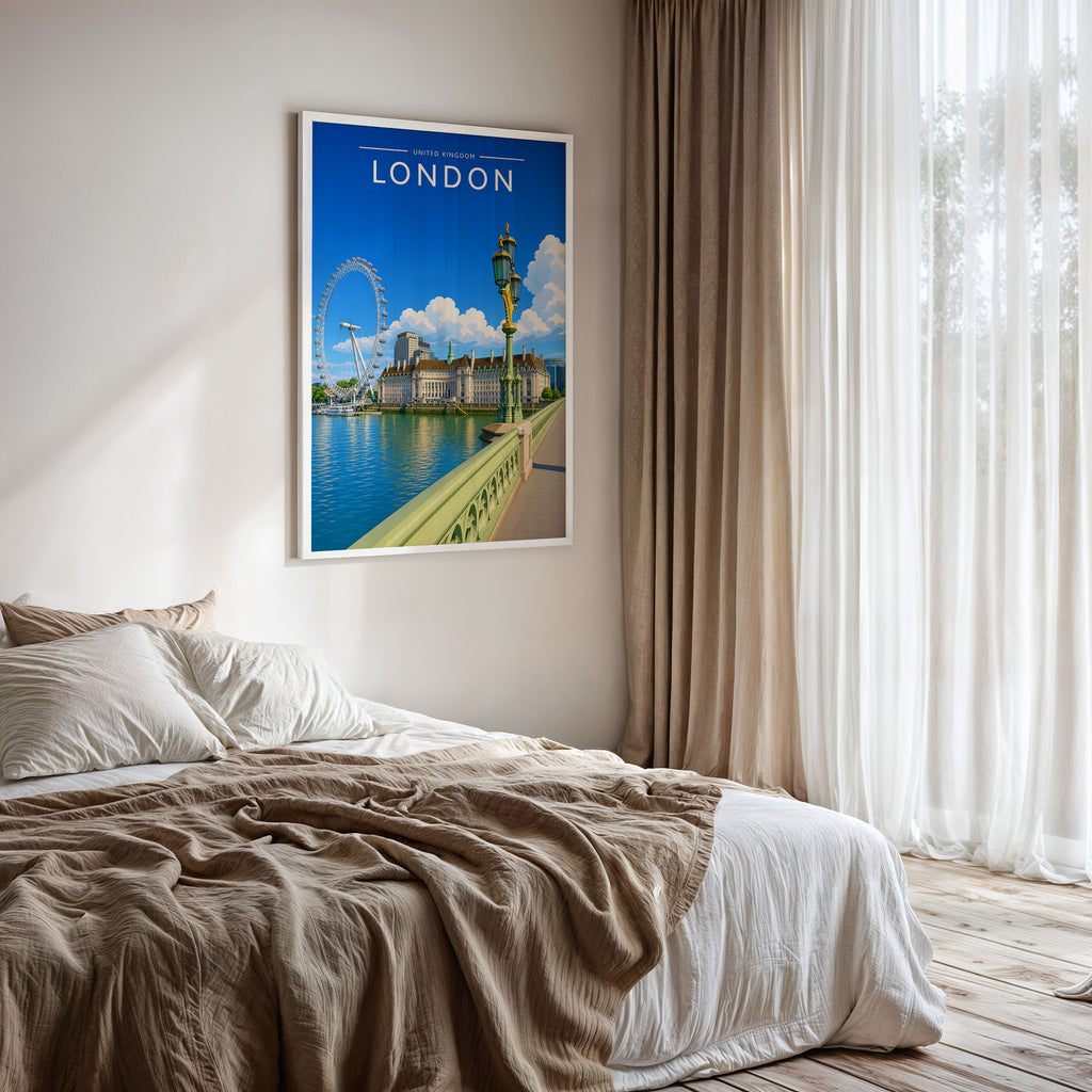London #6 Travel Poster framed on a bedroom wall
