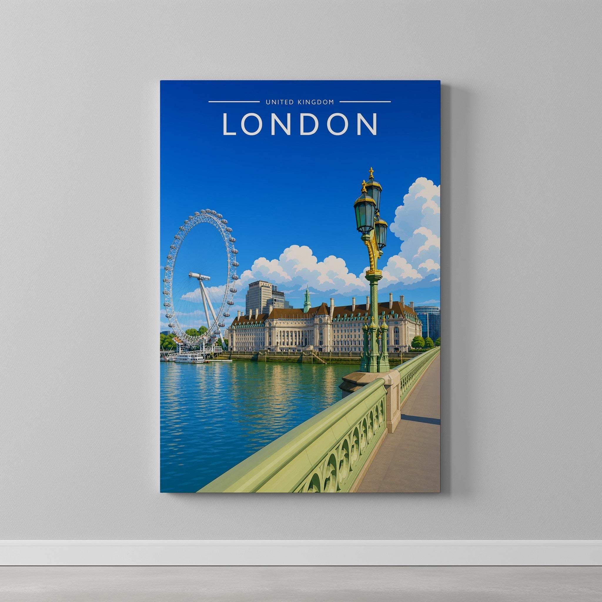 London #6 Travel Poster as a gallery-wrapped canvas on a plain wall