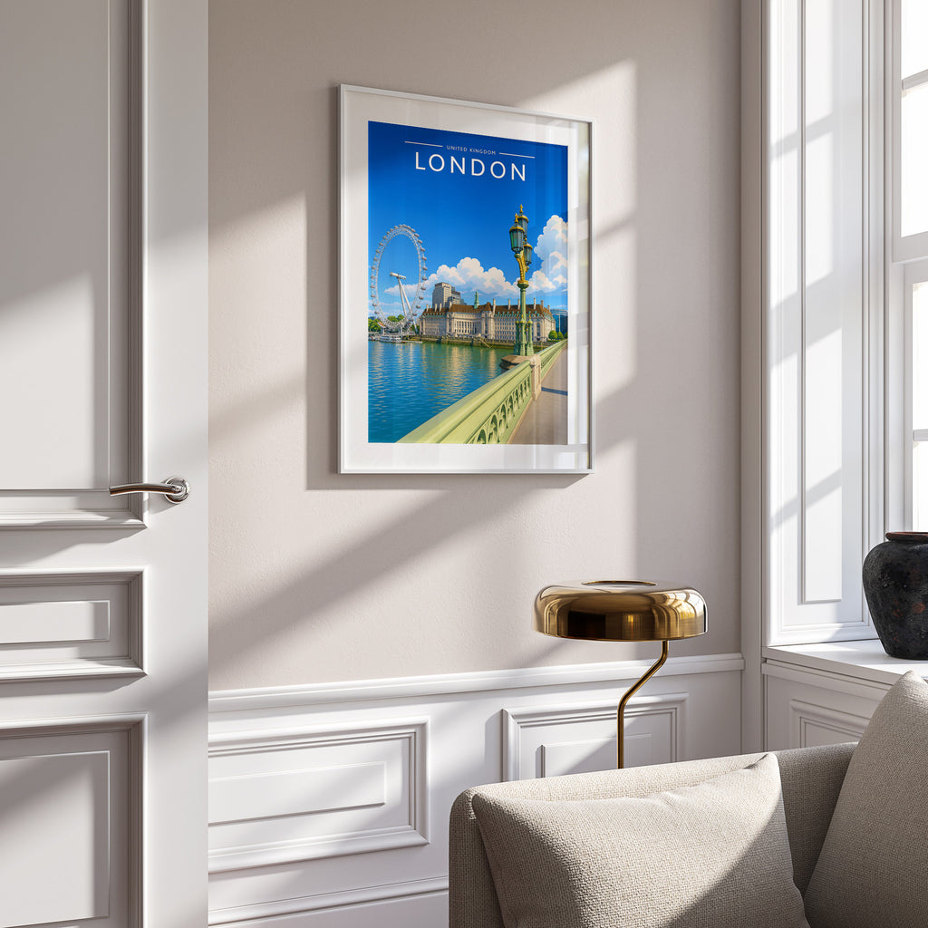 London #6 Travel Poster in a white frame on a panelled wall