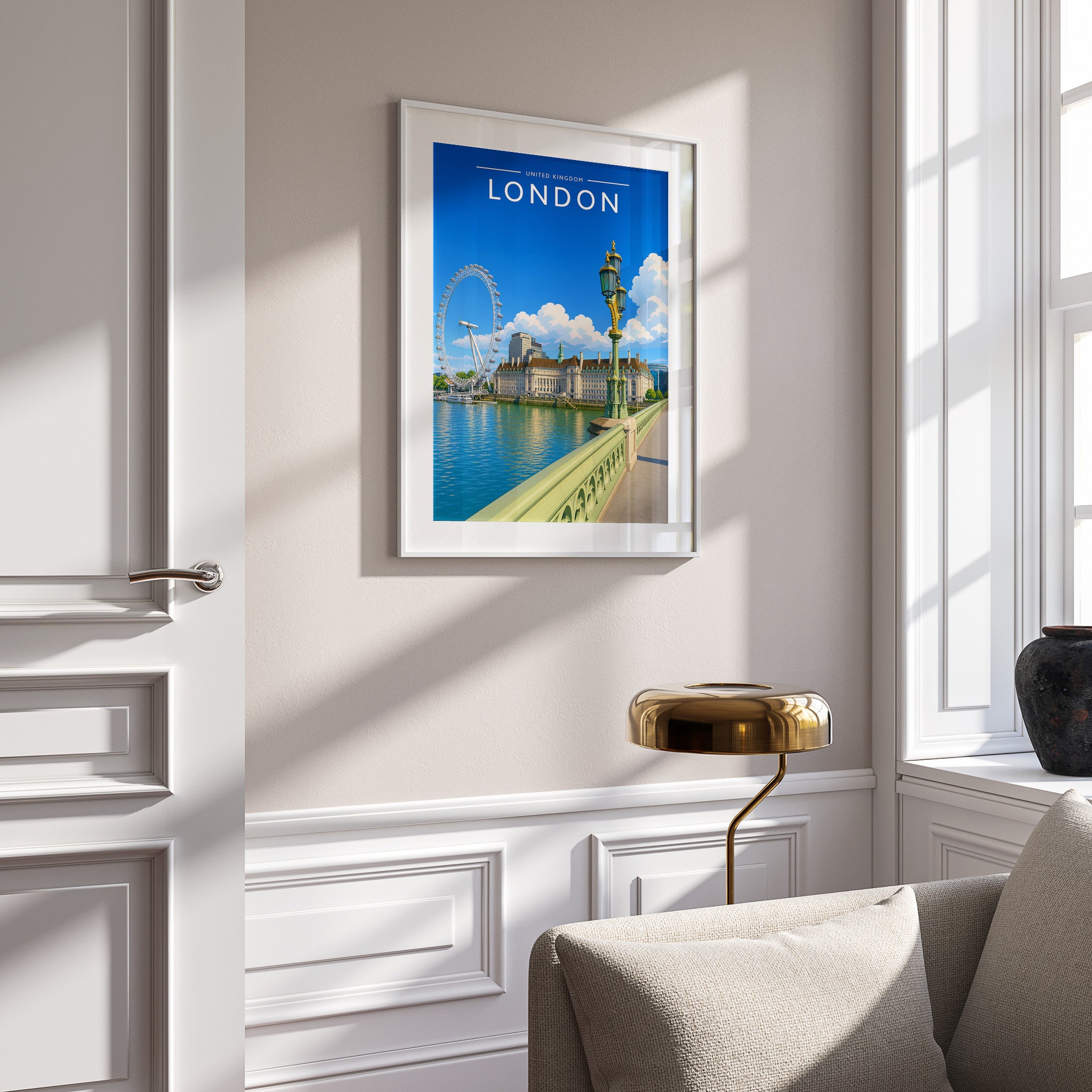London #6 Travel Poster in a white frame on a panelled wall
