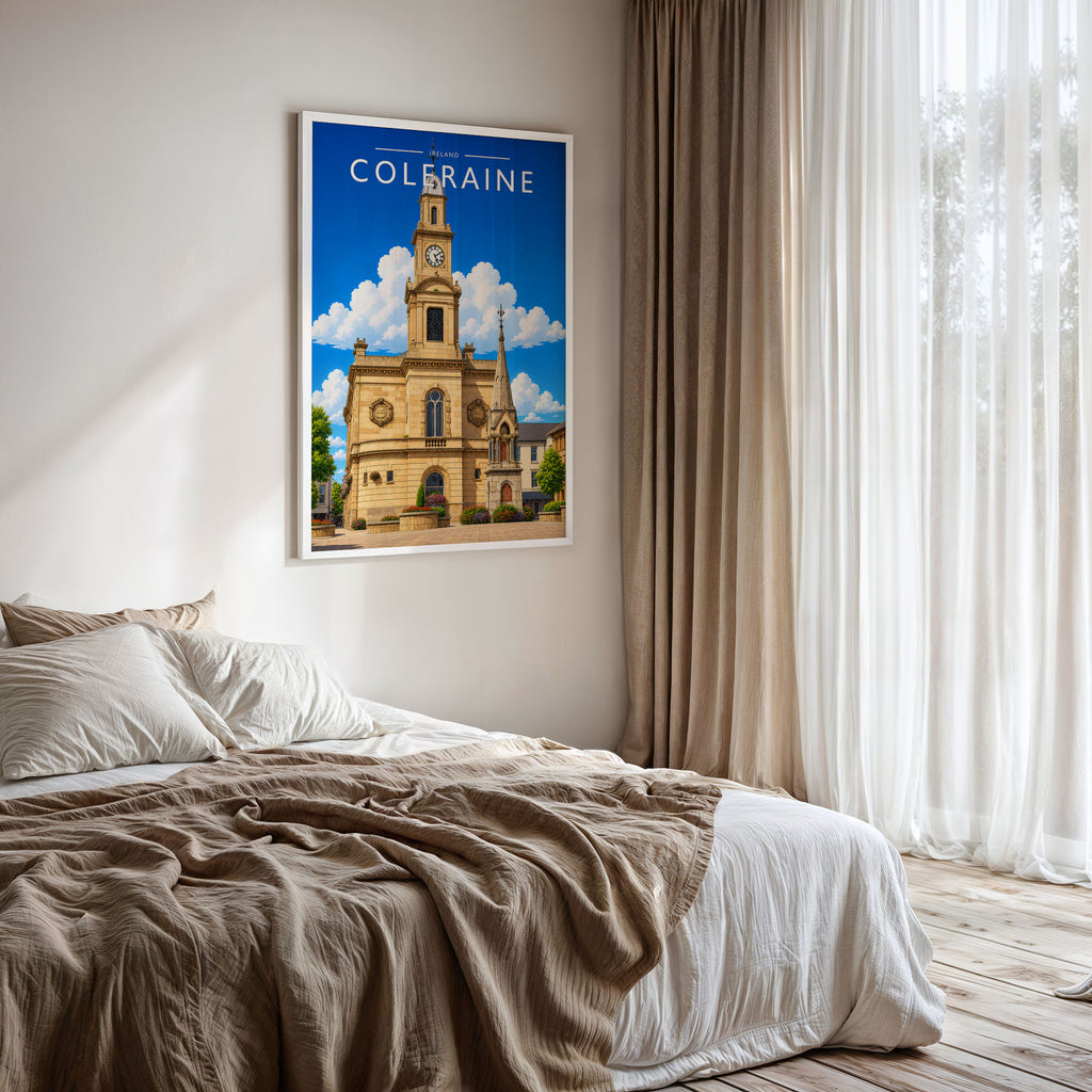 Coleraine Travel Poster framed on a bedroom wall