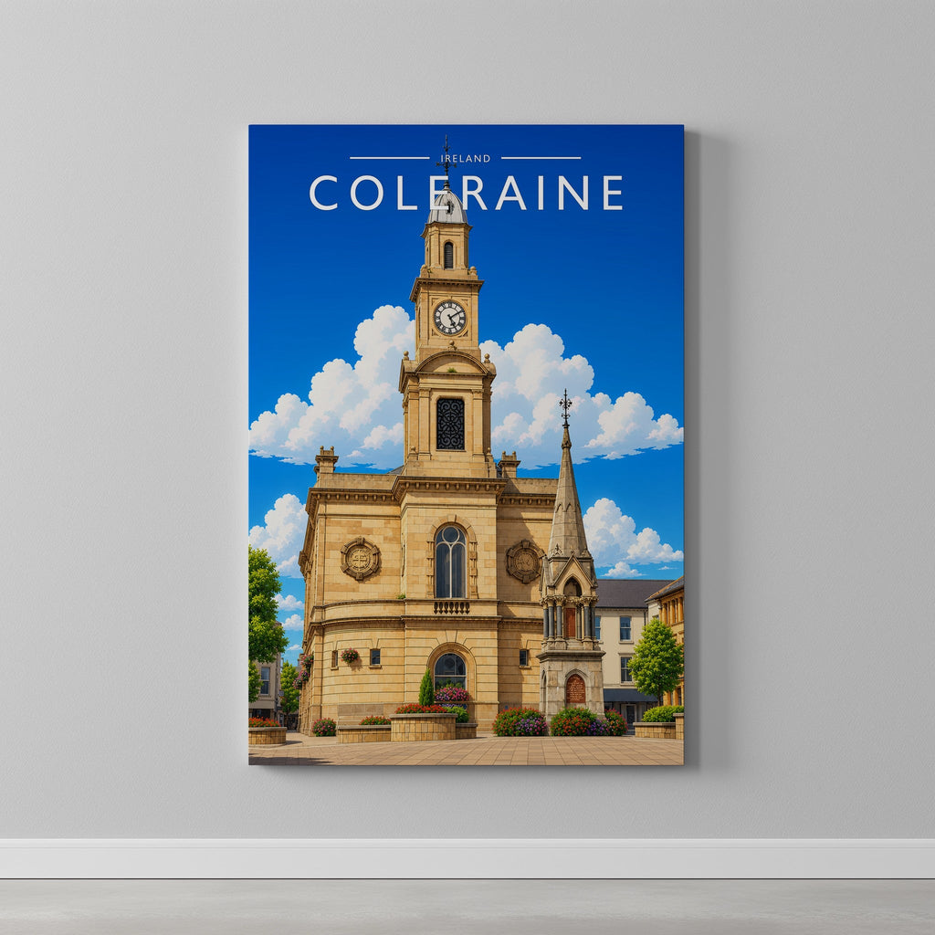 Coleraine Travel Poster as a gallery-wrapped canvas on a plain wall